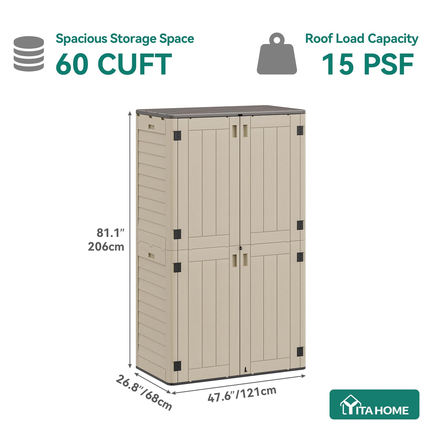 YITAHOME 60 cu ft Tall Outdoor Storage Shed w/o Shelf, Resin Vertical Outdoor Storage Shed, Large Waterproof Storage Cabinet for Garage, Poolside, and Garden (Khaki + Black)