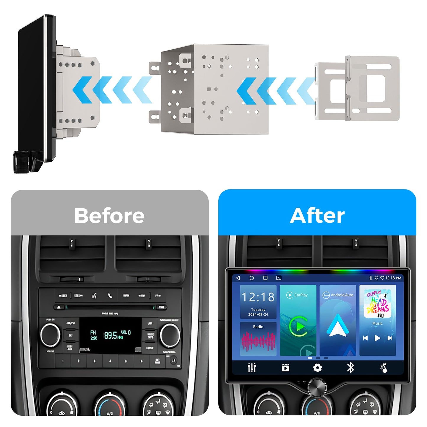 Kissound 10.1" QLED Double Din Car Stereo with Wireless Carplay & Android Auto, Music Sync Luminous Bar, SWC, Bluetooth, Backup Camera, 240W, Dual Subwoofer Output, Car Radio, Navigation, FM/AM