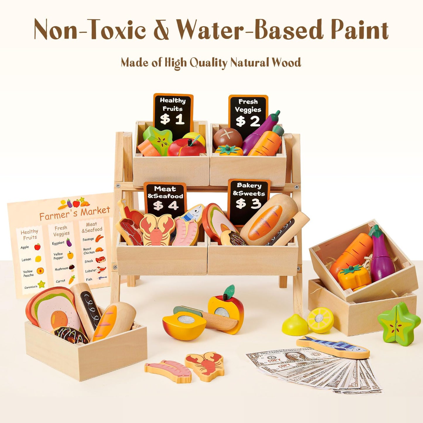 Toyssa 40+ Pcs Wooden Play Food Set with Grocery Store Shelf & Cutting Toys, Pretend Play Kitchen Accessories for Toddlers Kids, Educational Farmers Market Role Play Gifts for Girls Boys 3-7 Years