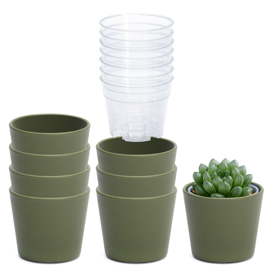Phoenix Vine 3.5 Inch Olive Plastic Cachepot with Clear Nursery Pot, Decorative Lightweight Planter Cover with Transparent Inner Pot for Indoor Houseplants, Pack of 8, 24-A-F-8