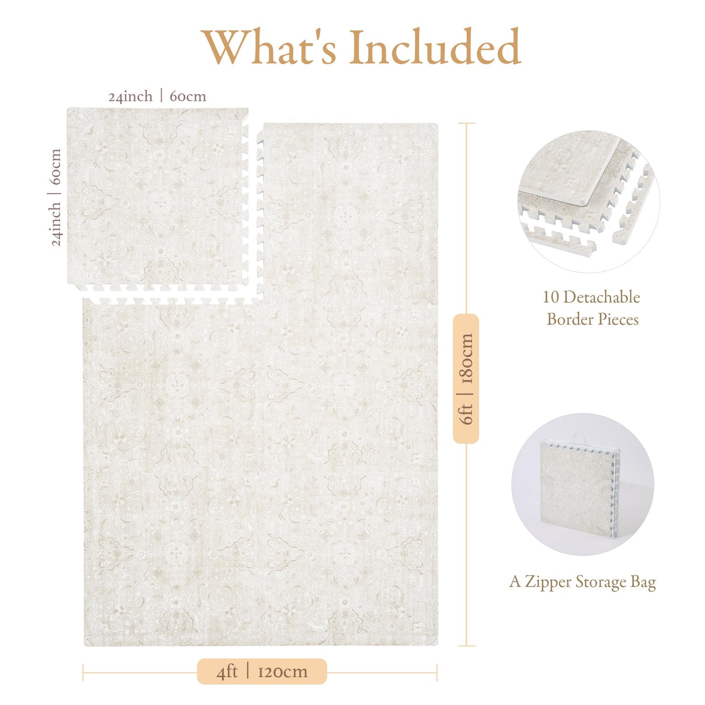 PopsyKosy Premium Baby Floor Play Mat - Thick & Cushioned 0.5 inch Playroom Foam Mat, Non-Toxic Odorless - 6 Tiles - Spacious 6x4 ft. - Stylish & Large, Waterproof for Kids & Toddlers - Pearl Beige