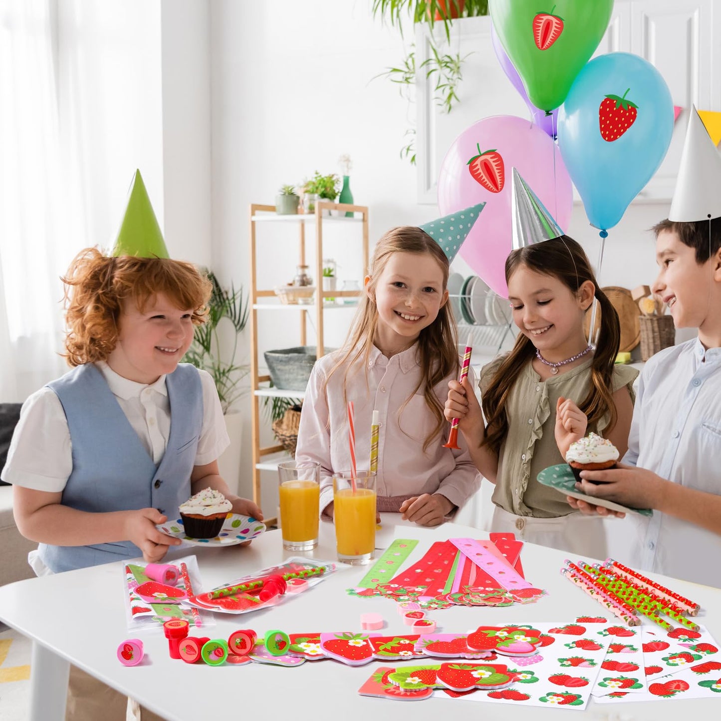 Cholemy 168 Pcs Strawberry Party Favors Supplies Stationery Set Notebook Sticker Stamper Eraser Ruler Pencil Bag for Strawberry Baby Shower Birthday Party Gift Classroom Prize