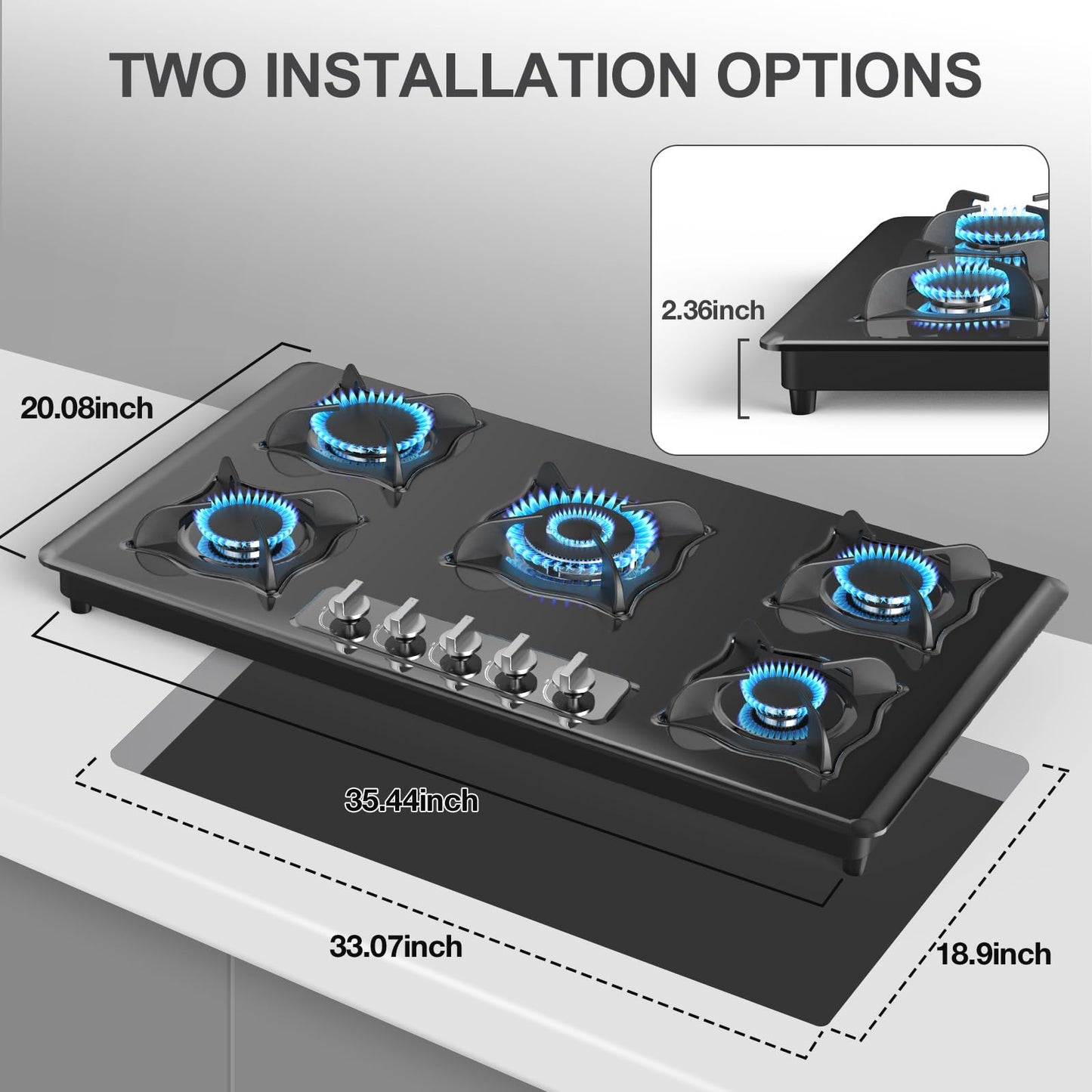Nafewin Gas Cooktop 36 Inch, 5 Burner Gas Stove Top Built-in Propane Stove Stainless Steel, NG/LPG Dual Fuel Auto Ignition Propane Cooktop, Thermocouple Protection