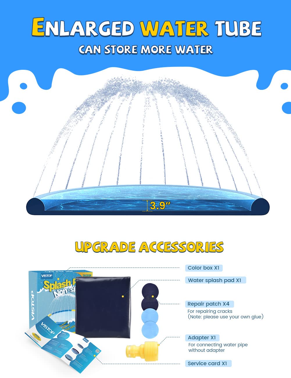 VISTOP Non-Slip Splash Pad for Kids and Dog, Thicken Sprinkler Pool Summer Outdoor Water Toys - Fun Backyard Fountain Play Mat for Baby Girls Boys Children or Pet Dog (87 inch, Blue&Blue)
