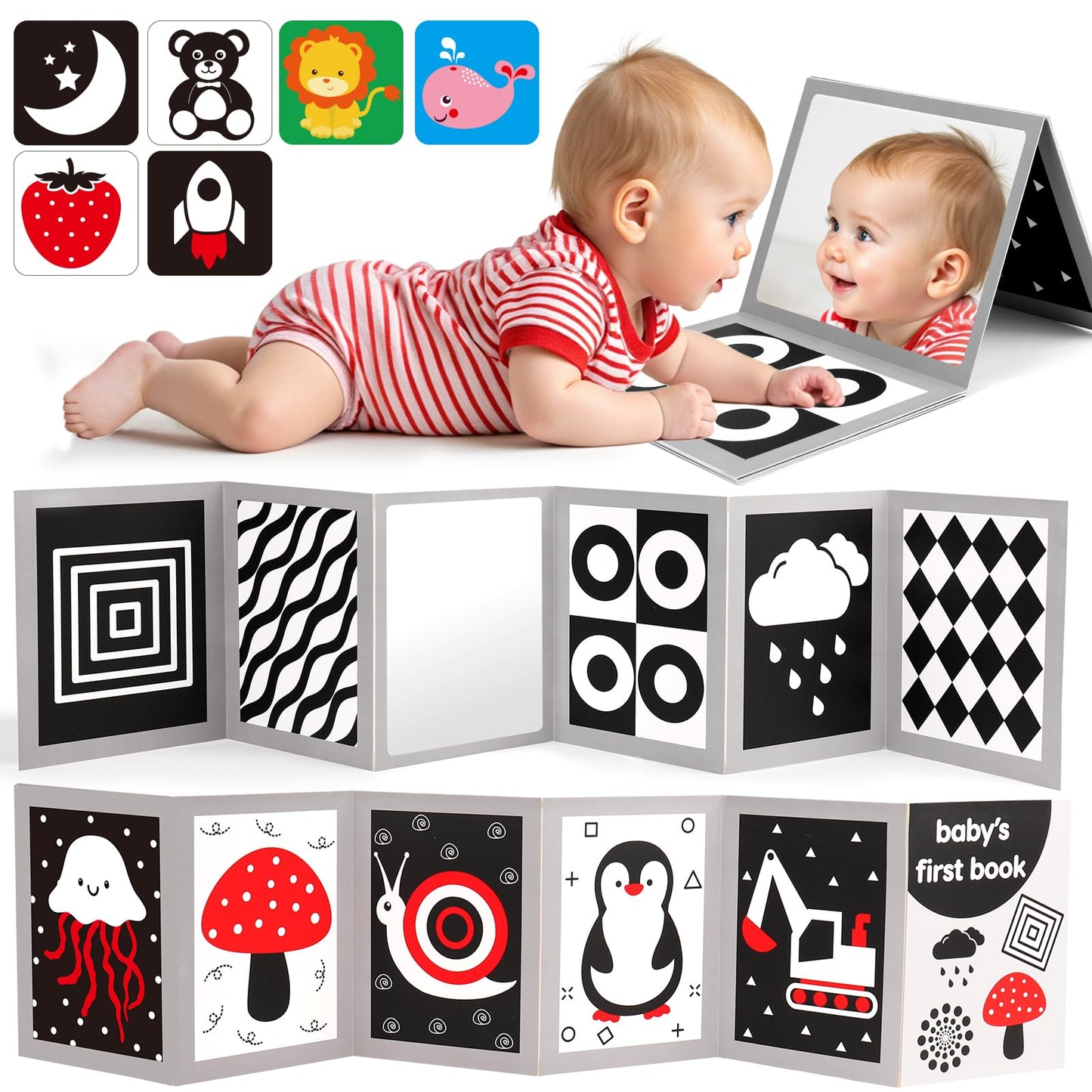Black and White High Contrast Baby Books Flash Cards Tummy Time Mirror Toys Newborn Toys 0 6 Months Brain Development Infant Stimulating Sensory Toy 0-3 3-6 2 4 5 Months Old Baby Shower Easter Gifts