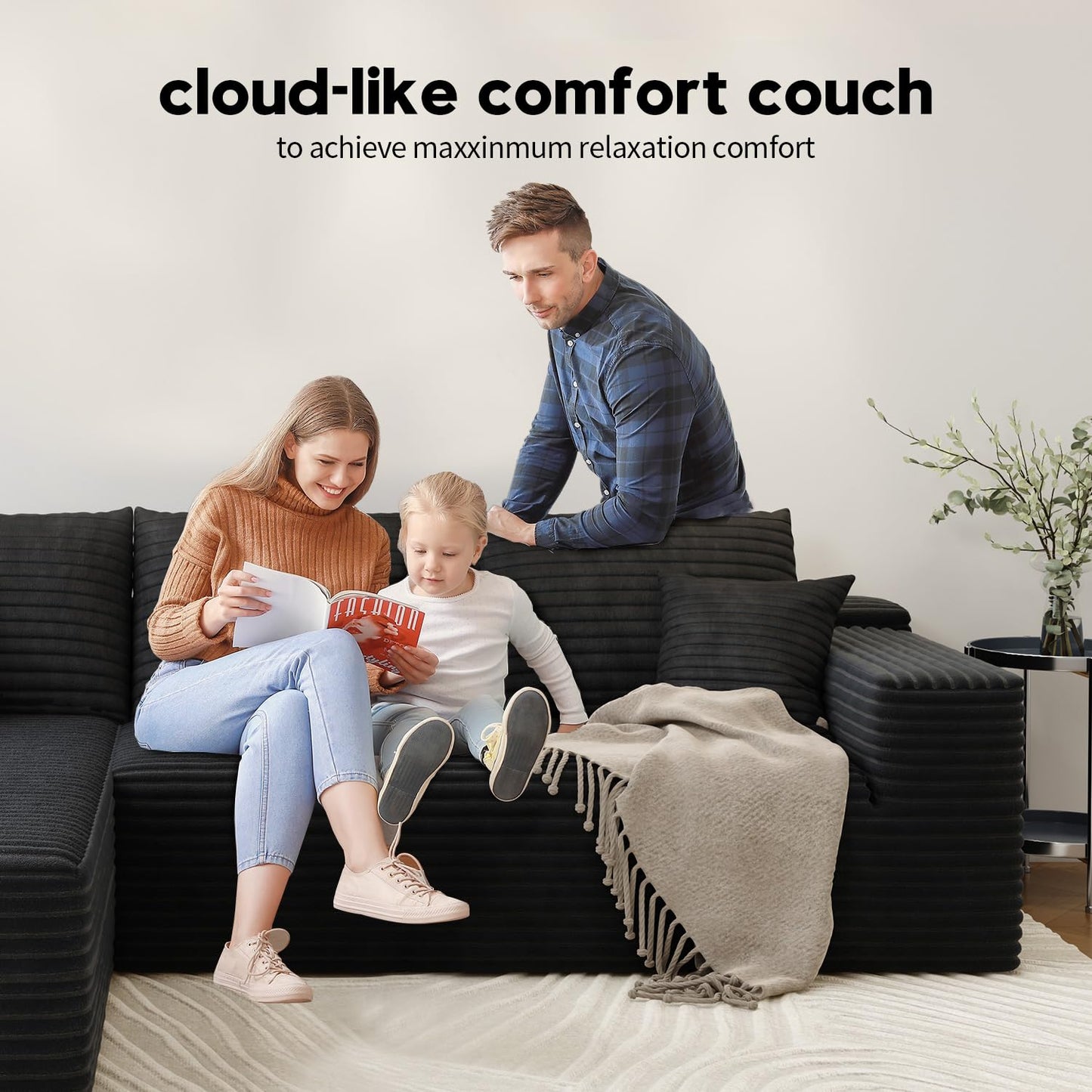 139.4" Modular Sectional Sofa Couch, Oversized U-Shaped Minimalist Couches with 2 Ottomans Chaise and 2 Middle Seats, Modern Deep Seat Cloud Plush Corduroy Sofas Set for Living Room, 8 Seater, Black