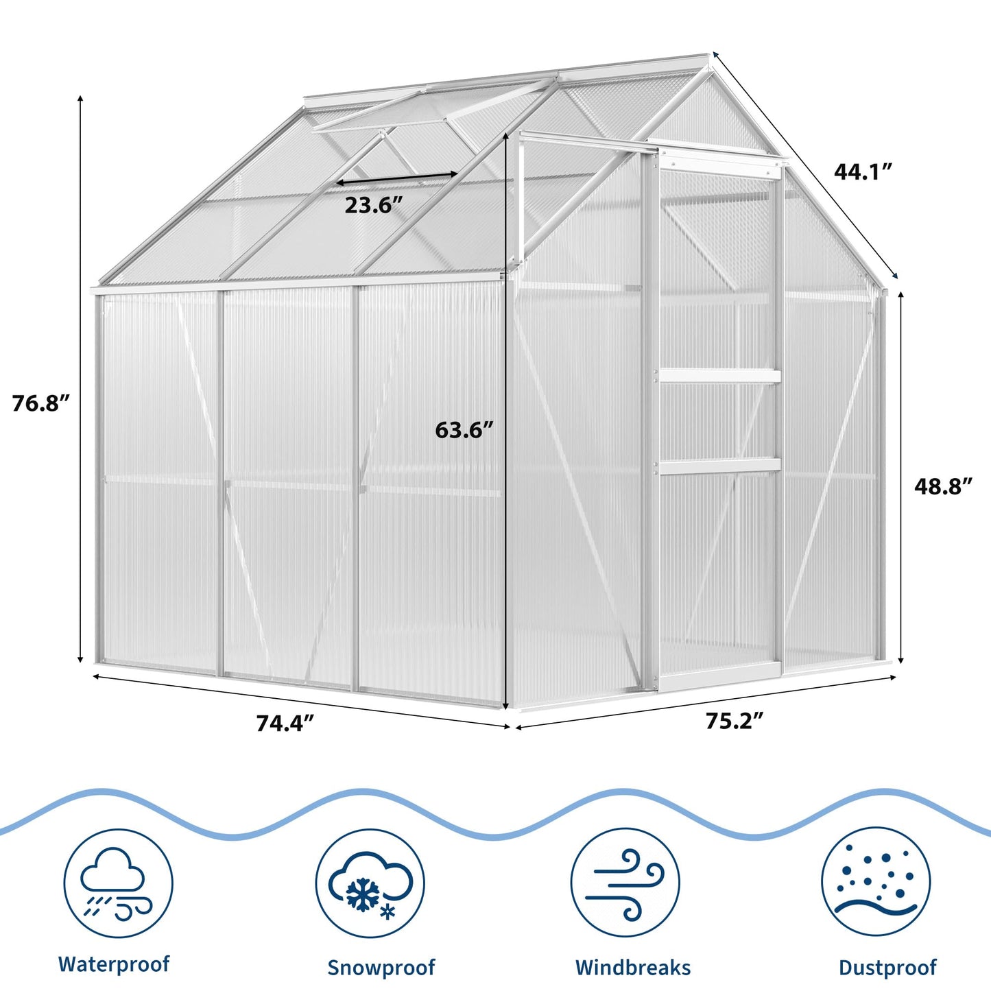 IDEALHOUSE 6 x 6FT Greenhouse for Outside, Polycarbonate Greenhouses with Aluminum Frame, Sliding Door, Adjustable Roof Vent for Backyard, Outdoor Green Houses Garden Backyard, Patio
