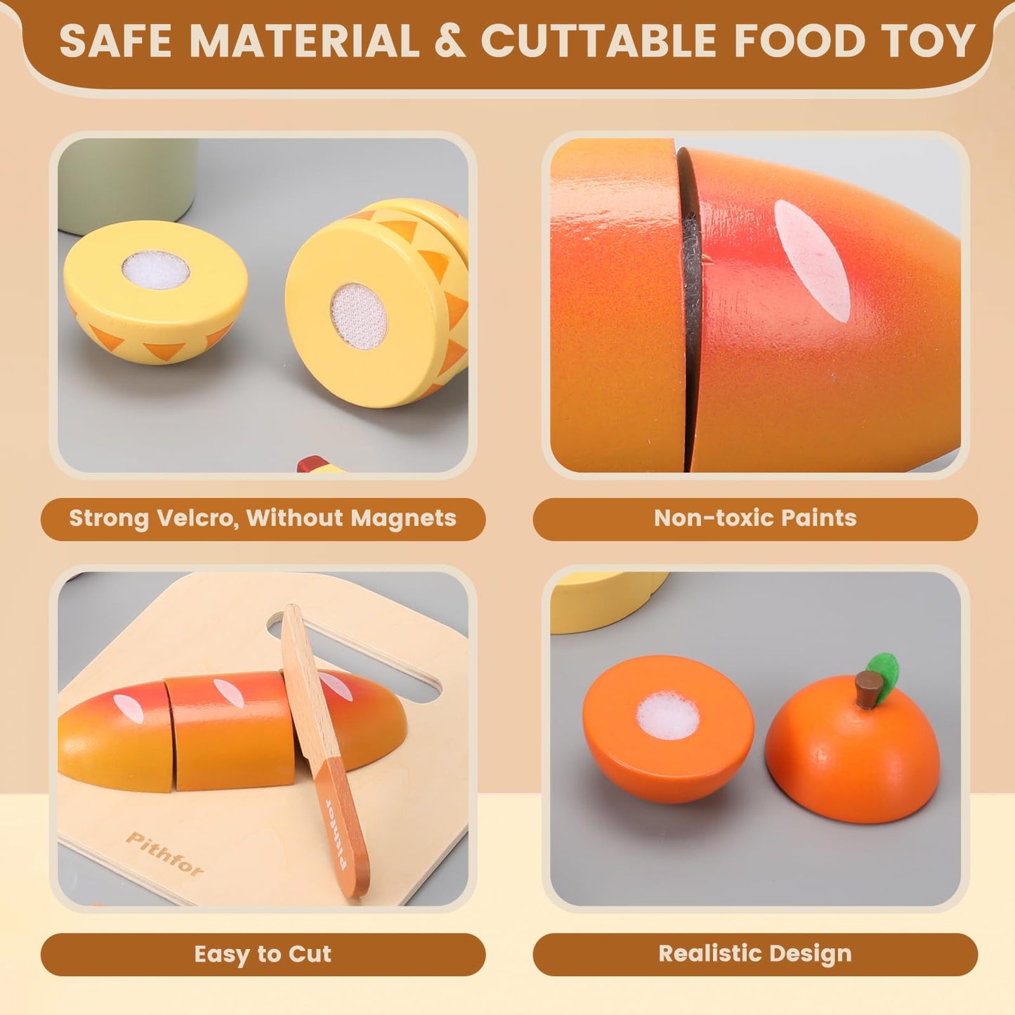 Pithfor Picnic Playset, Wooden Play Food Set for Kids Kitchen, Cutting Pretend Play Kitchen Food Toy for Toddlers Girls Boys 3 4 5 Years Old