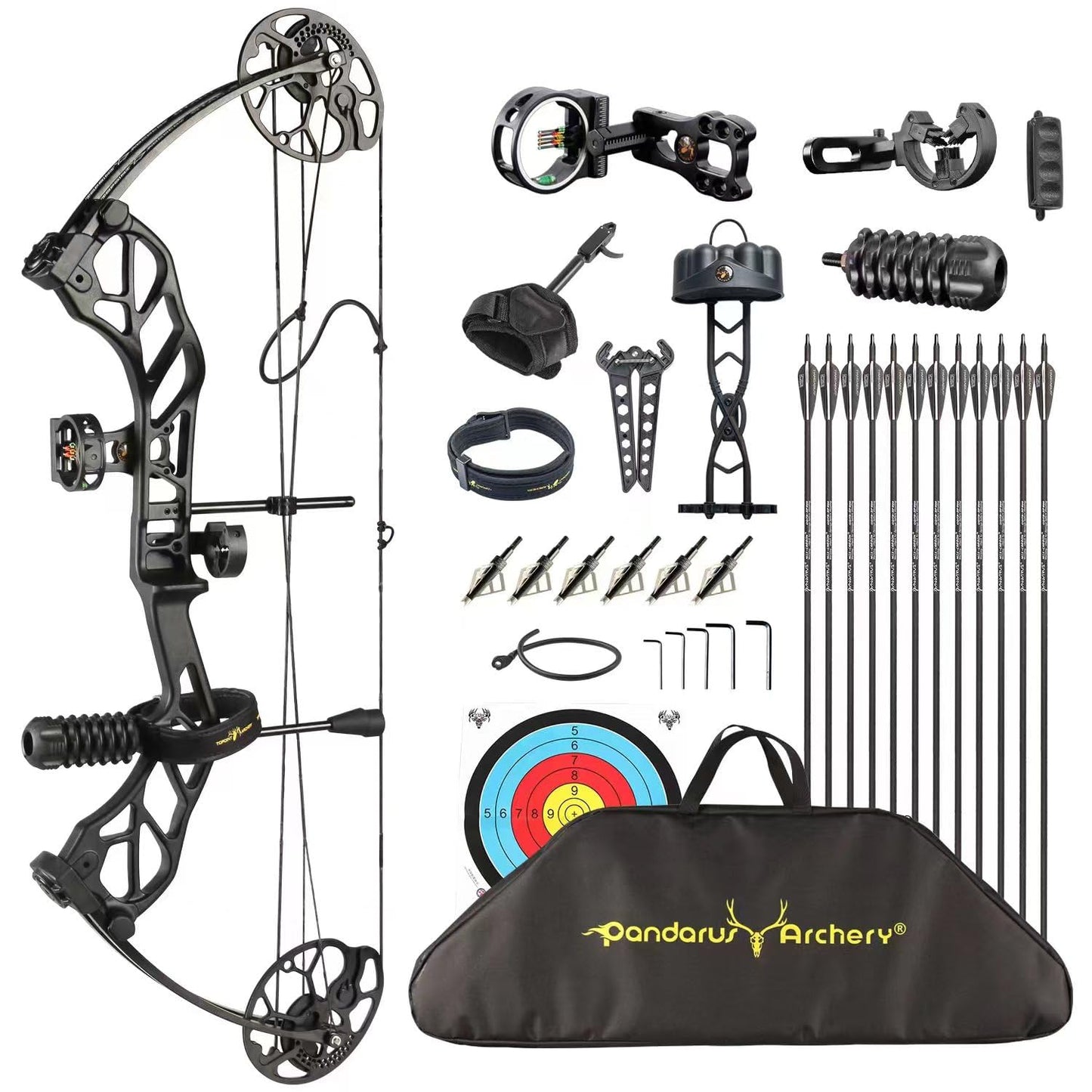 PANDARUS Compound Bow Package for Adults and Teens,19-70 Lbs Draw Weight Adjustable,19"-30" Draw Length,Limbs Made in USA,Archery Bow and Arrow Set,up to 320 fps, Let Off 75%2024 New(BLACKPRO)