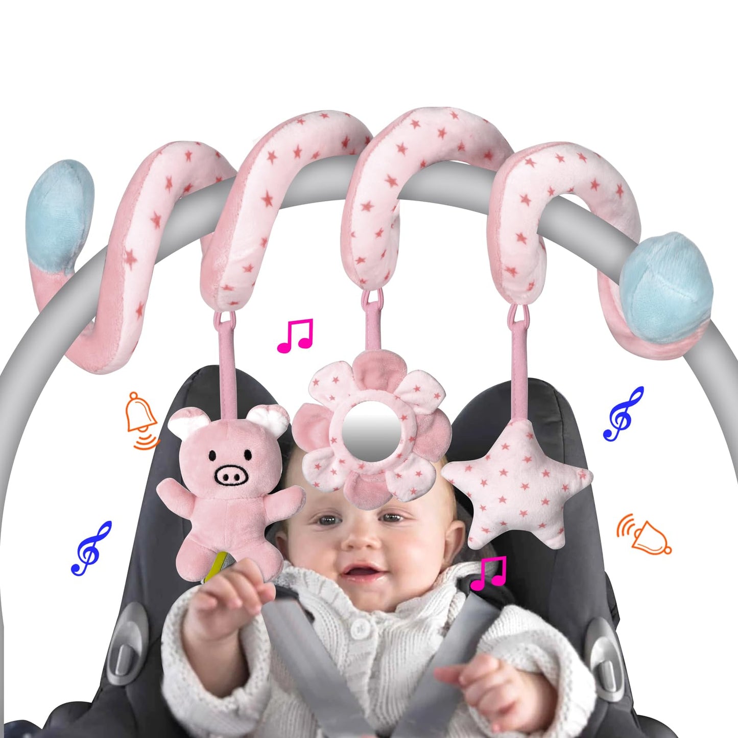 SAMMAS Car Seat Toys, Infant Baby Pink Pig Spiral Activity Hanging Toys Stroller Toys for Car Seat Stroller Bar Crib Bassinet Mobile with Mirror BB Squeaker and Rattles