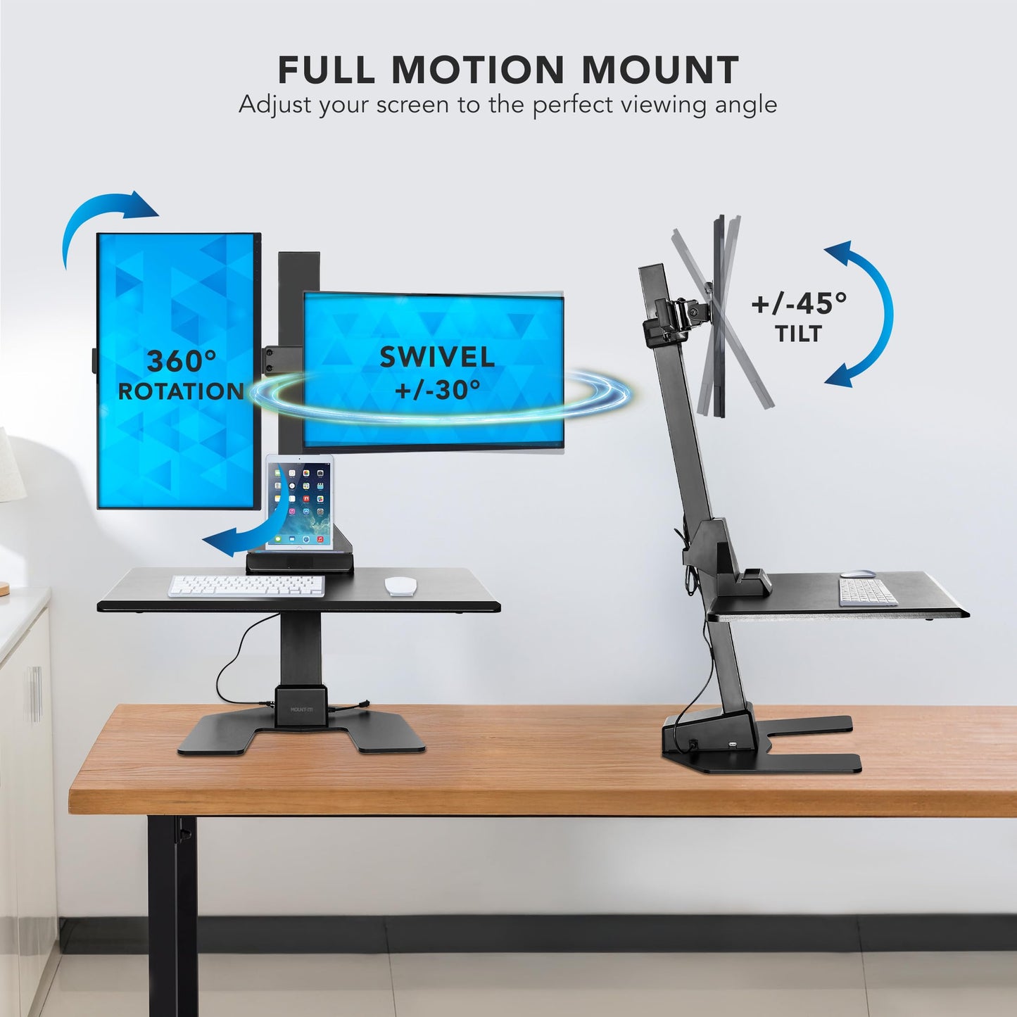 Mount-It! Double Monitor Electric Standing Desk Converter - 2 Screens Stand Up Desk Riser - Height Adjustable Desktop & 2 Mounts for Screens up to 32", Sit-Stand Convertor for Home, Office, School