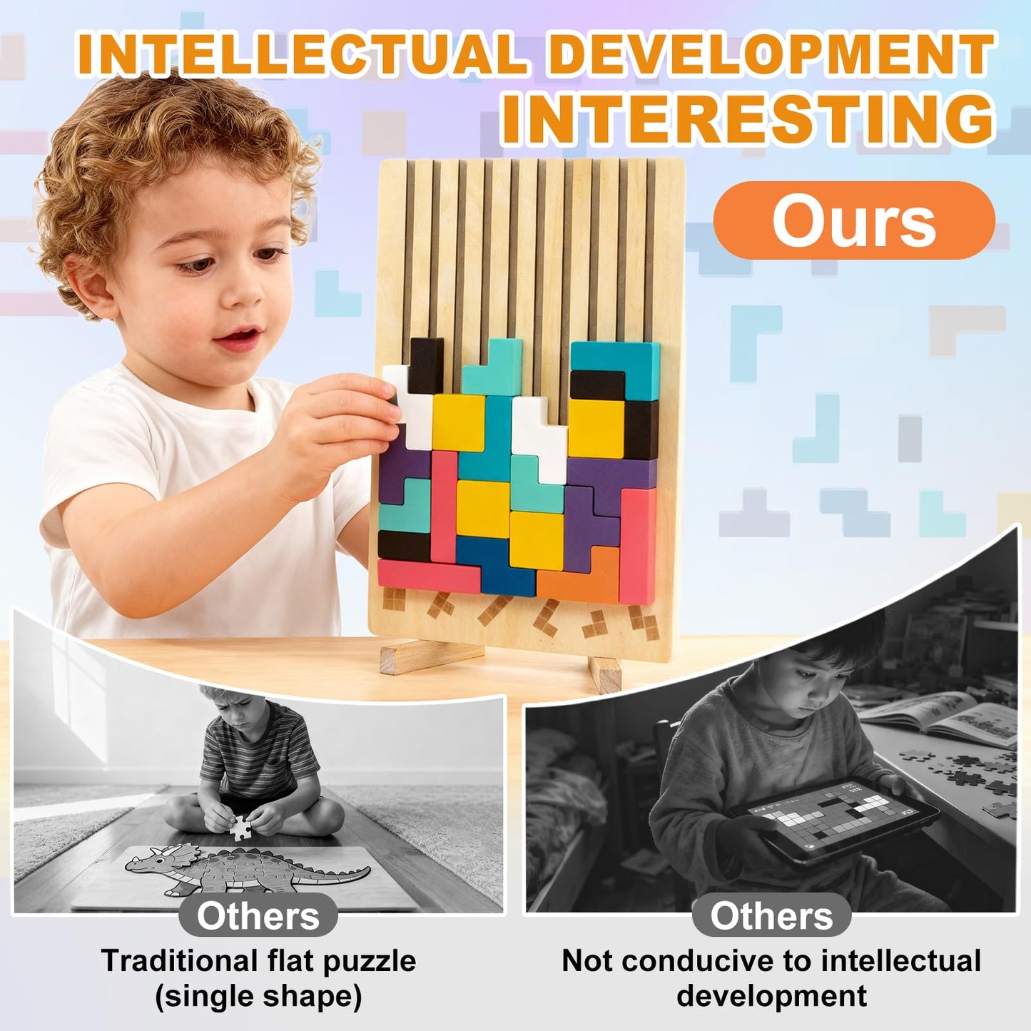 Oppvoci Wooden Montessori Russian Blocks Puzzle – 3D Stacking Toy for 3-6 Year Olds Toddlers Educational Gift & Brain Teaser for Critical Thinking Montessori Brain Blocks for Boys & Girls (Classic)