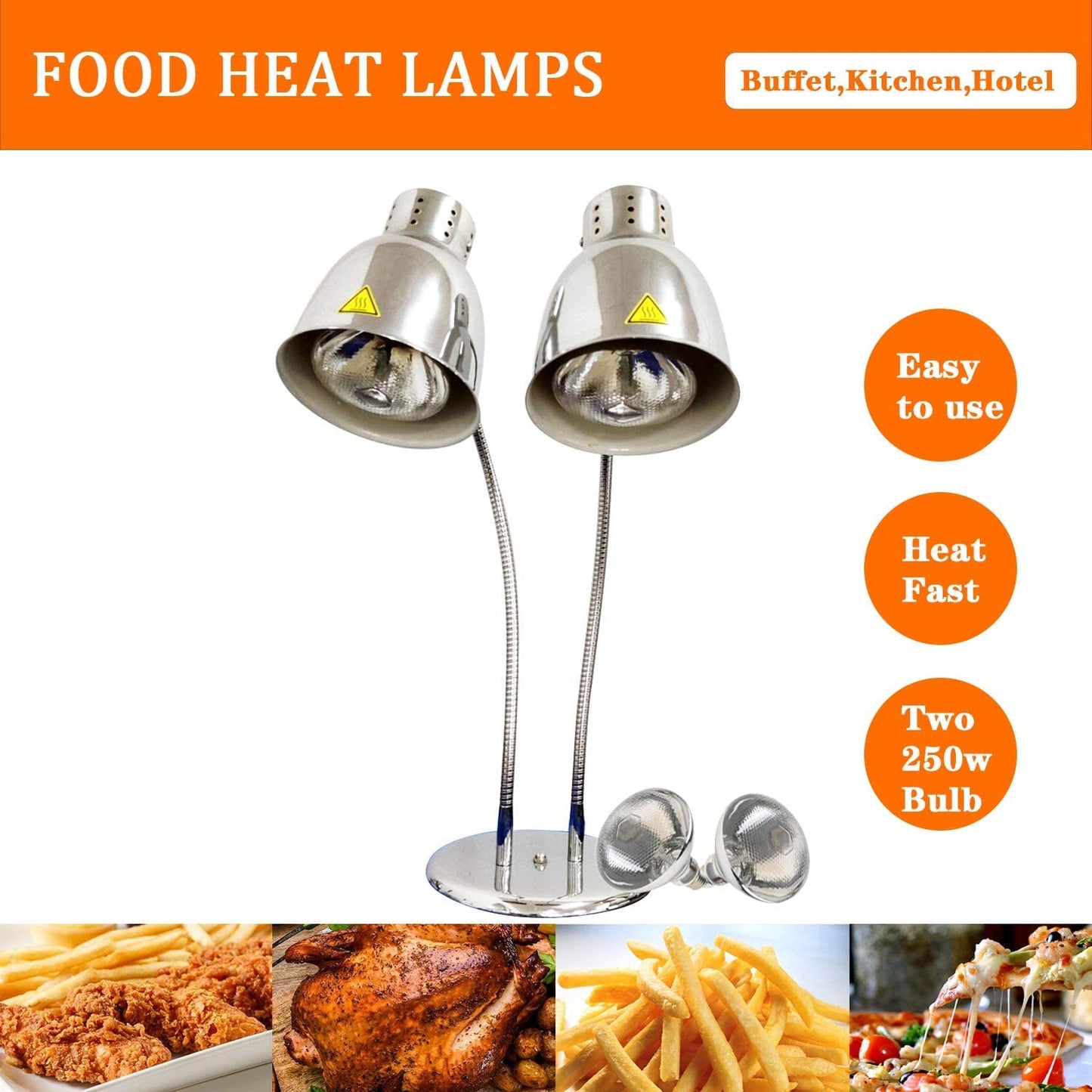 KOUWO Food Heat Lamps with Dual 250w Bulbs Food Warmer Lights Food Heating Warmer Lamp Restaurant Kitchen Buffet Warmer Table (Double Head)