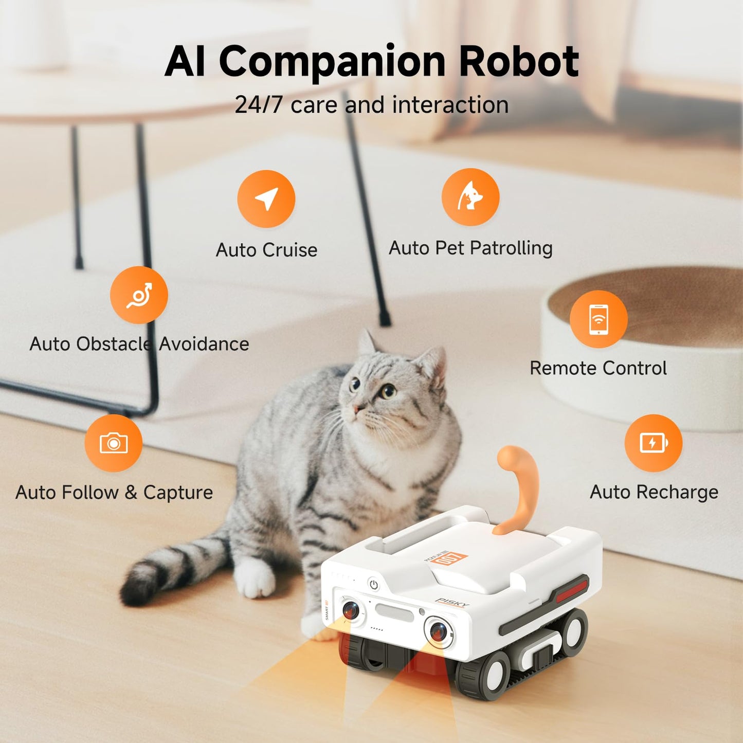 PICKFUN A3 AI Pet Companion Robot with 2K Camera – Smart Robot for Cats & Dogs, Auto Follow, Laser Toy, Night Vision, 2-Way Audio, AI Behavior Reports, Auto Recharge & App Sharing