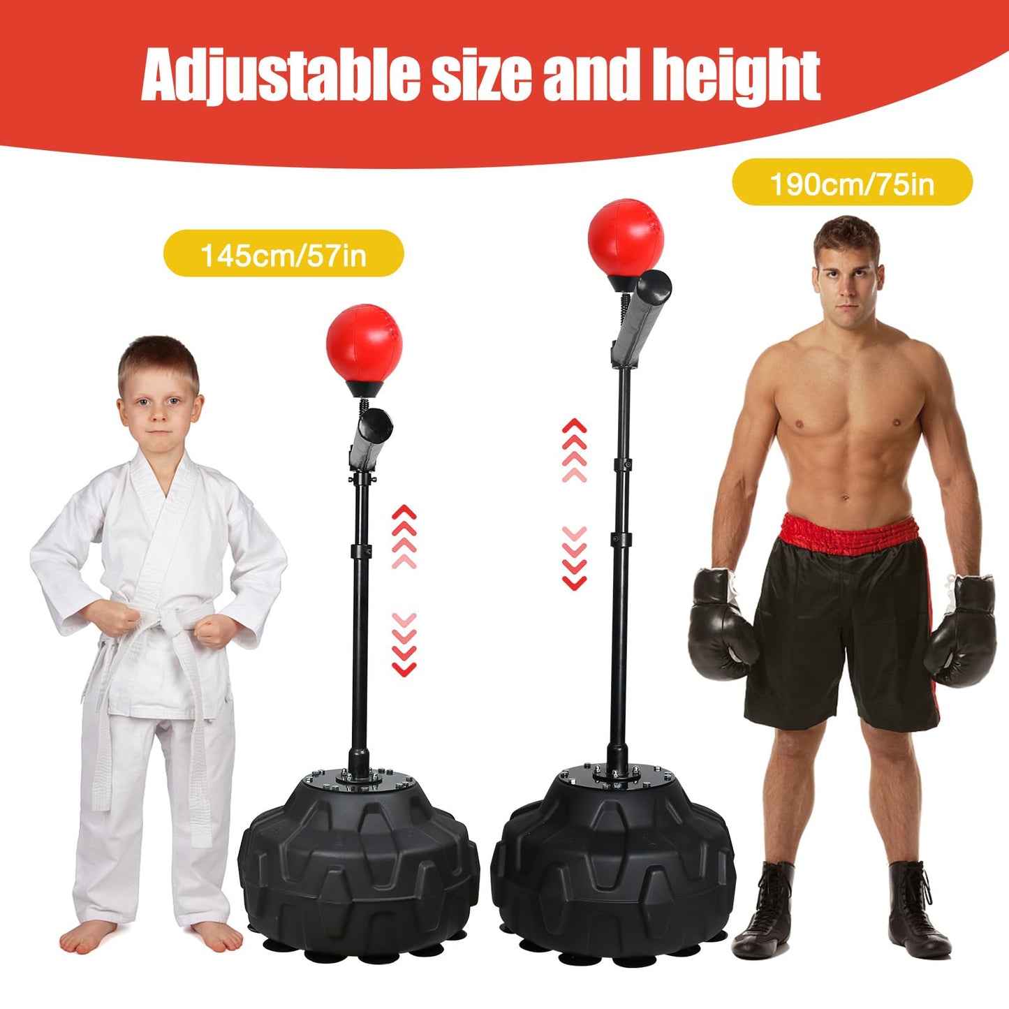 Solid Reflex Bag Boxing Speed 45-80in Trainer Punching Bag Spinning Bar Training Boxing Ball with Reflex Bar Free Standing Adjustable Height for Adult Youth Red