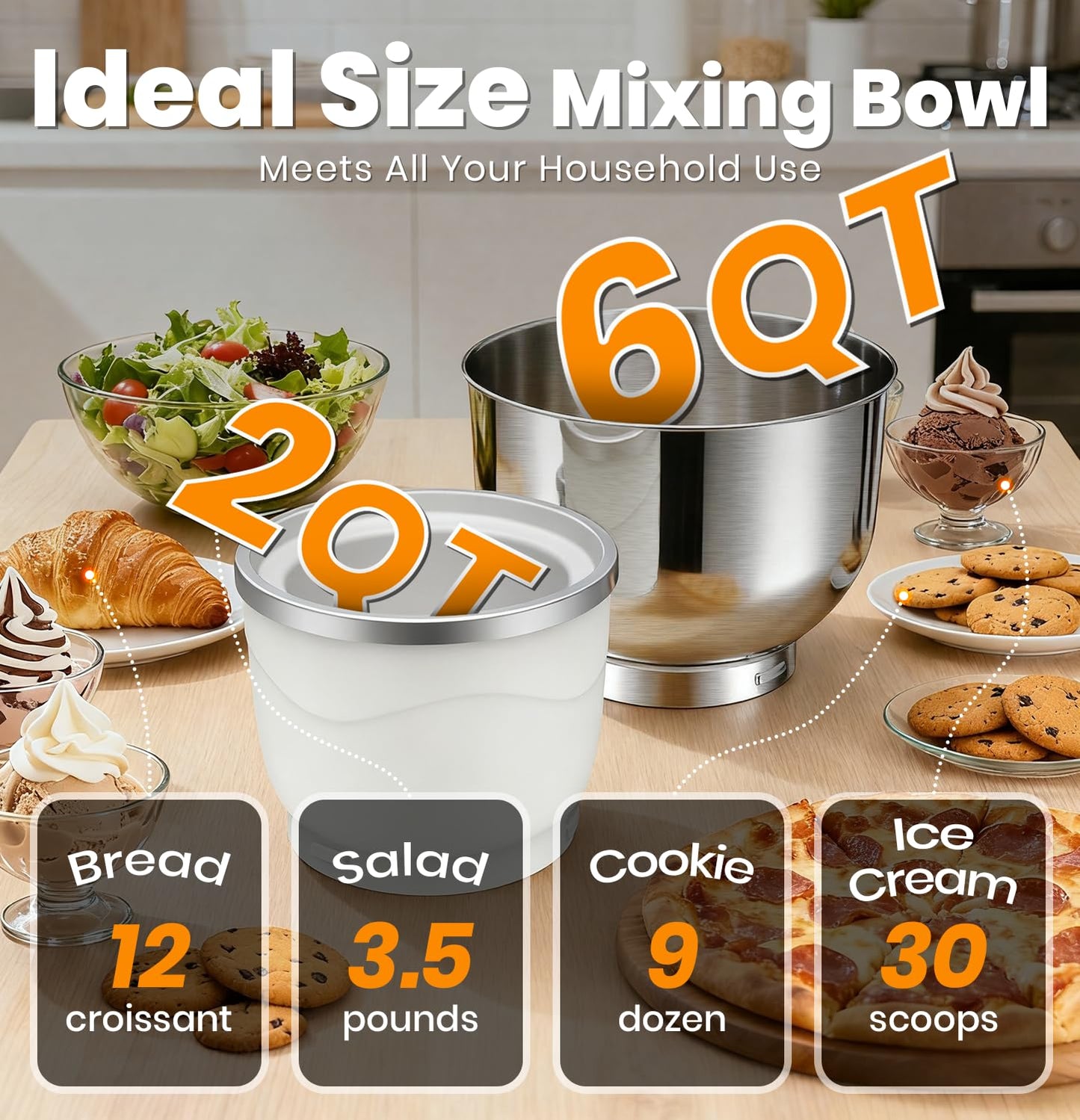 Bonnor Stand Mixer Set, 6QT Kitchen Mixer with LED Touchscreen, 11-Speed Tilt-Head Mixer with Timer, 4 Preset Menus, Stainless Steel Bowl, Hook, Whisk, Beater,Plus 2QT Ice Cream Maker Attachment
