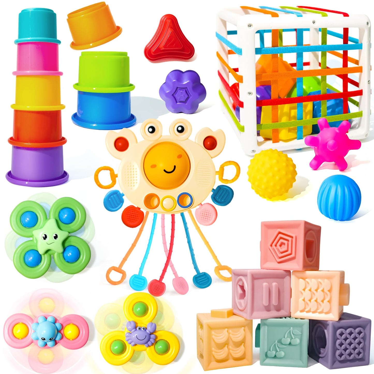 Montessori Toys for Babies 0-3-6-12 Months, 6 in 1 Baby Toys 4 5 6 7 8 9 Month Old, Baby Blocks Stacking Toys, Infant Baby Sensory Development Learning Toys Gifts for 1 2 3 Year Old Boys Girls