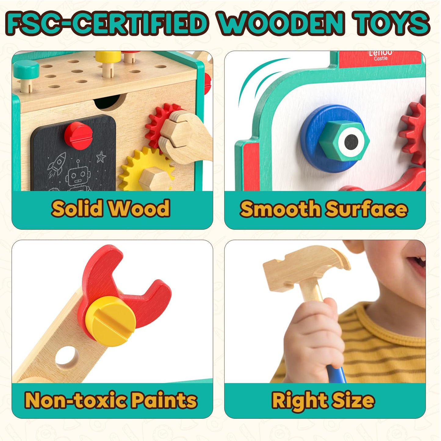 Lehoo Castle Kids Tool Set, Wooden Mini Toddler Tool Bench with Blackboard, Robot Construction Toys with Hammer Wrench Screwdriver, STEM Learning Toys for Age 3-5, Birthday Gift for Boys & Girls