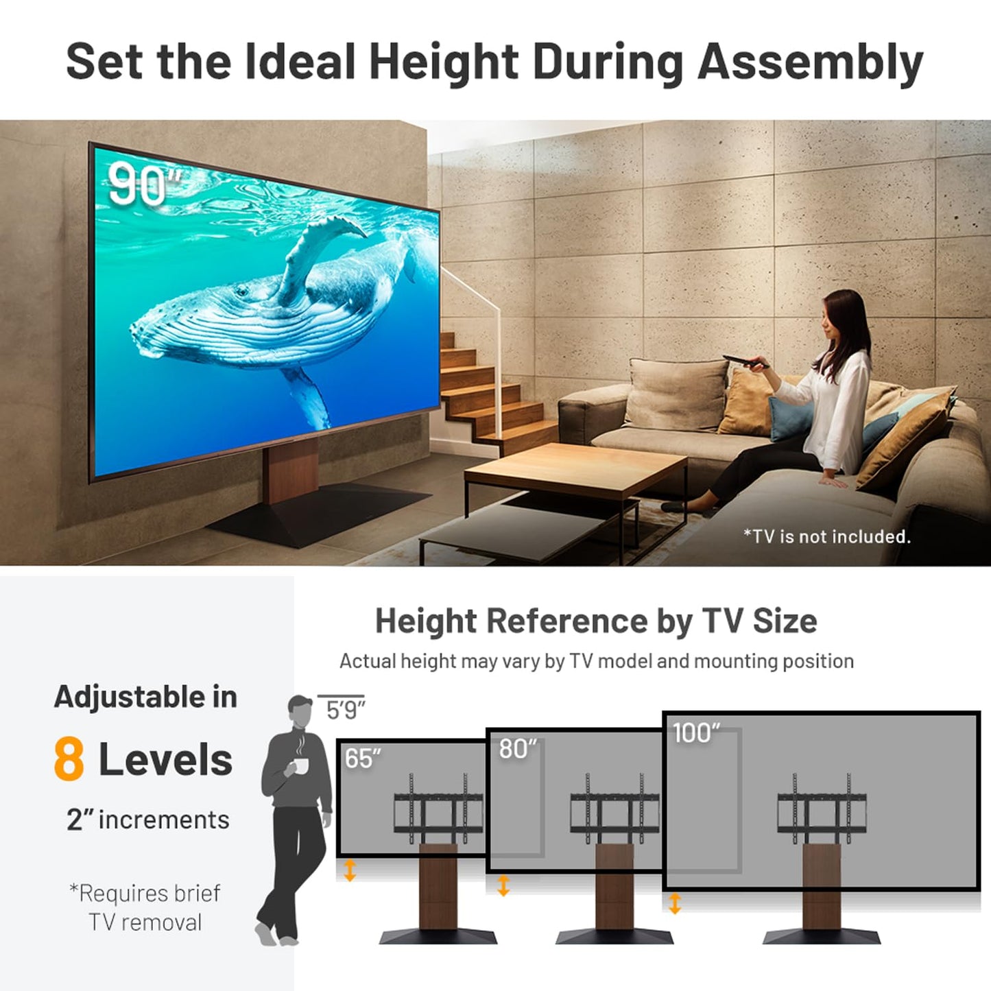 WALL V4 | Sleek Shallow Floor TV Stand for Extra Large 50-100 Inch | Satin White | for Large Screens | Living Room and Bedroom, Space Saving, Adjustable Mount, No Drill, Japan-Engineered Design