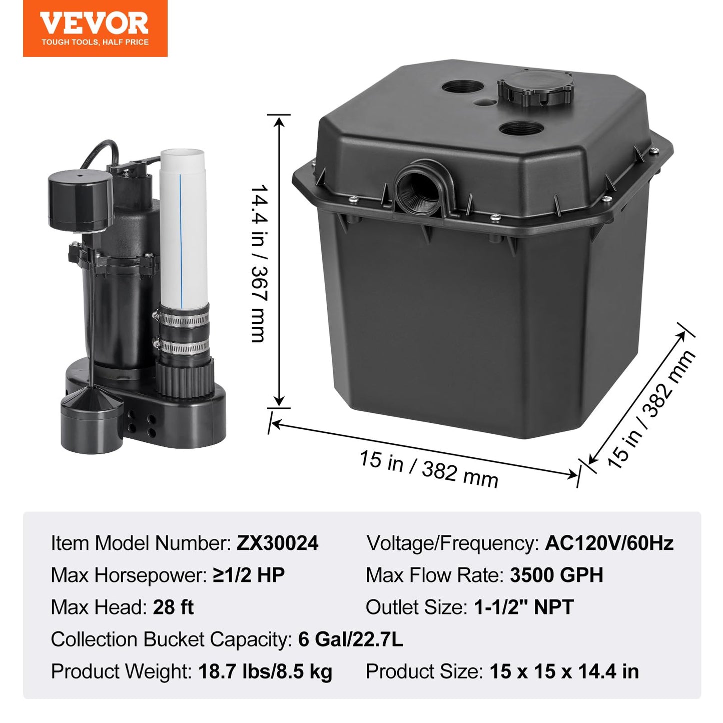 VEVOR Utility Sump Pump, 1/2 HP, 120-Volt, 3500 GPH Flow, 28 ft Head, Under-Sink System with 6 Gallon Basin, Automatic Utility/Laundry Pump, Drain Pump with 1-1/2" NPT Outlet, Black