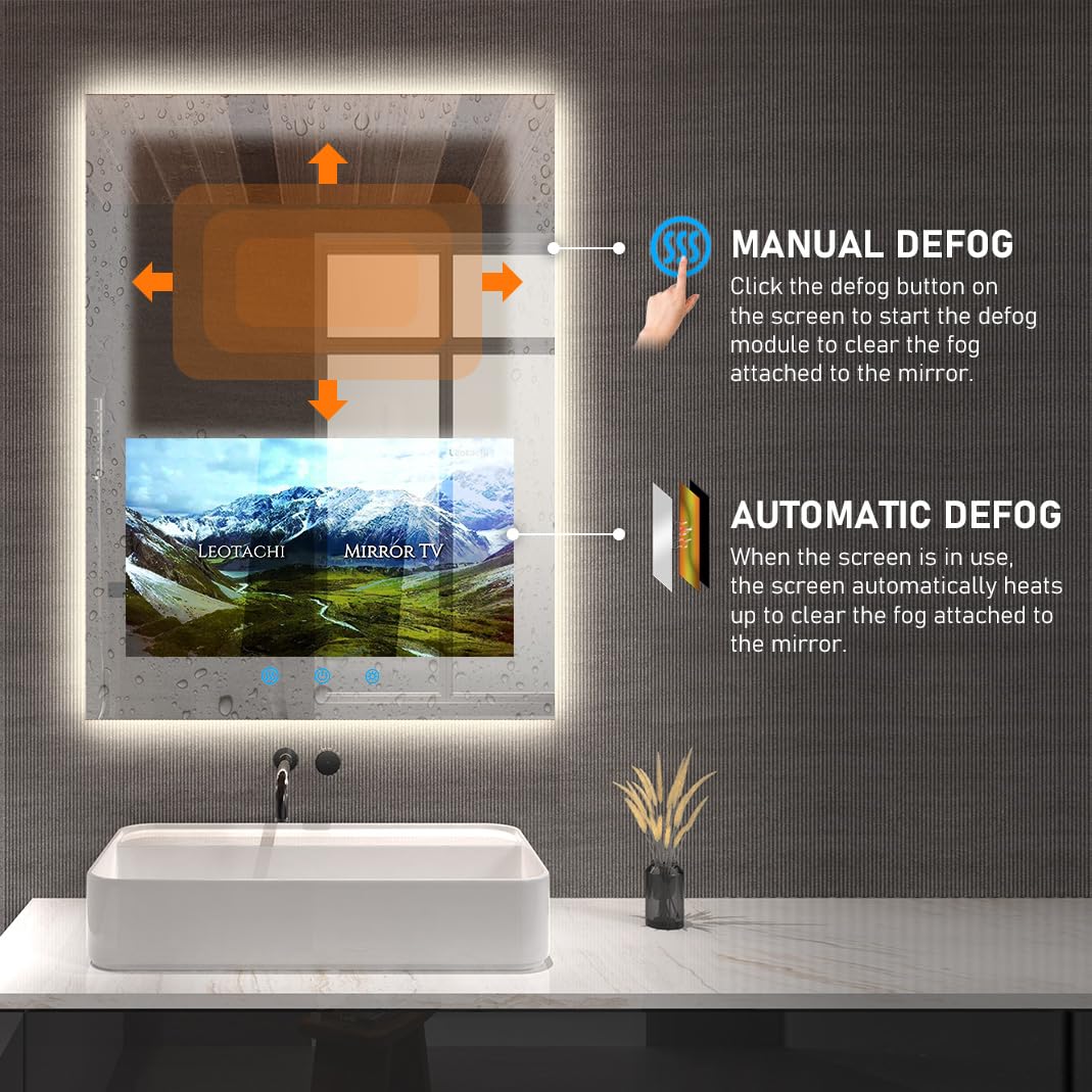 Leotachi 32"x24" Smart Waterproof Anti-Fog Vanity Mirror with Built-in 21.5" Touch Display, Android OS, Adjustable 3-Color LED, Bluetooth/WiFi/HDMI, Streaming Apps for Bathroom & Bedroom