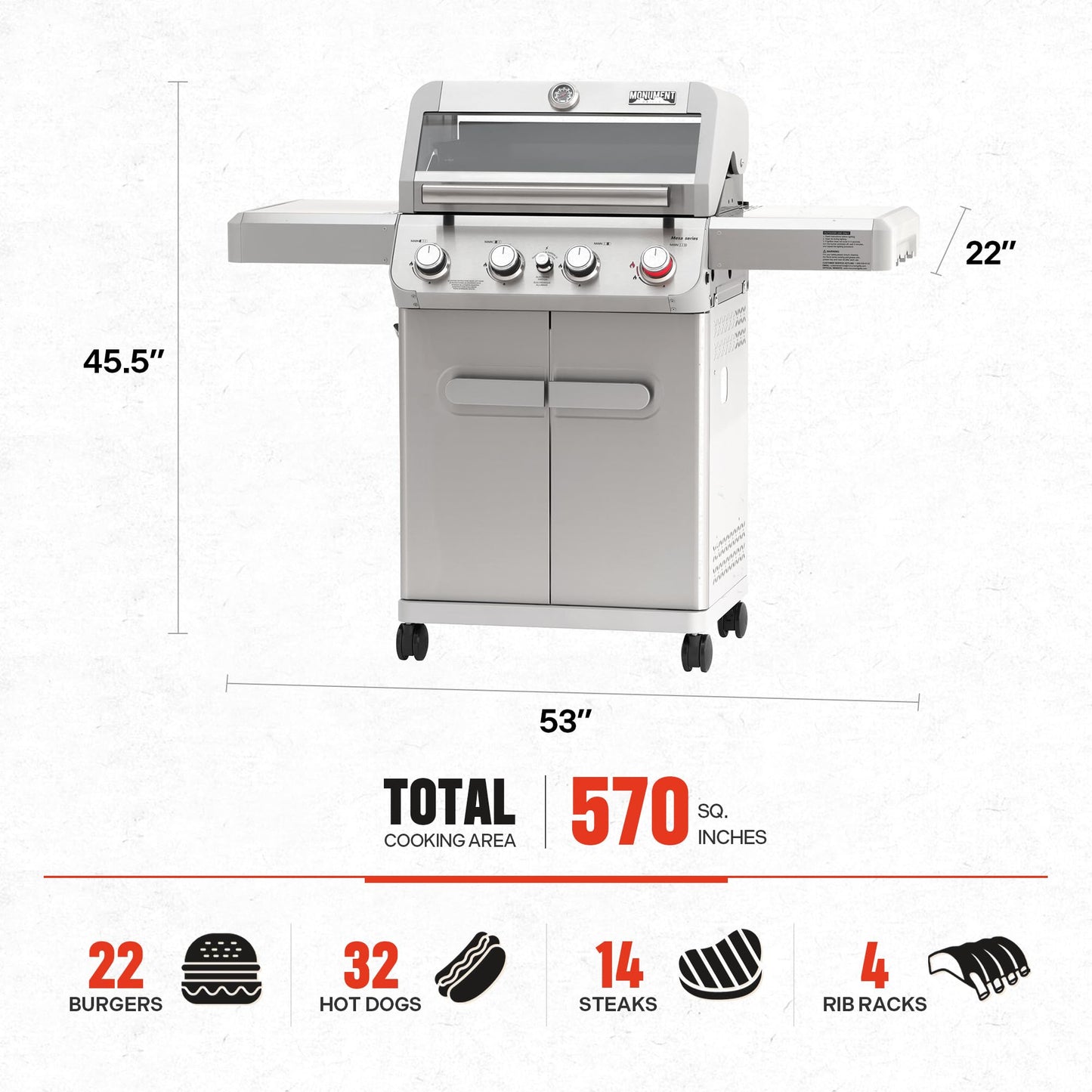 Monument Grills 4 Burner Propane Gas Grill, Stainless Steel Outdoor Patio Barbecue Grill, with Broil Zone Fast Heating, Knob Control, and Easy Cleanup, M410MBZ