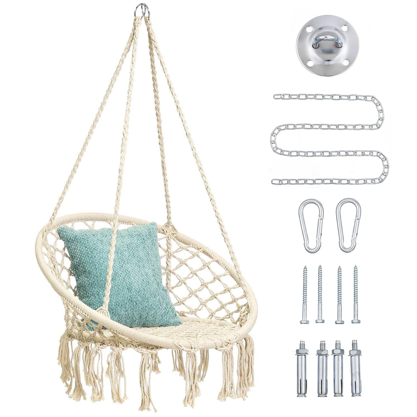 Mertonzo Hammock Swing Chair for 2-5 Years Old Kids,Handmade Knitted Macrame Hanging Swing Chair for Indoor,Bedroom,Yard,Garden- 230 Pound Capacity Off-White- with Suspension Kit