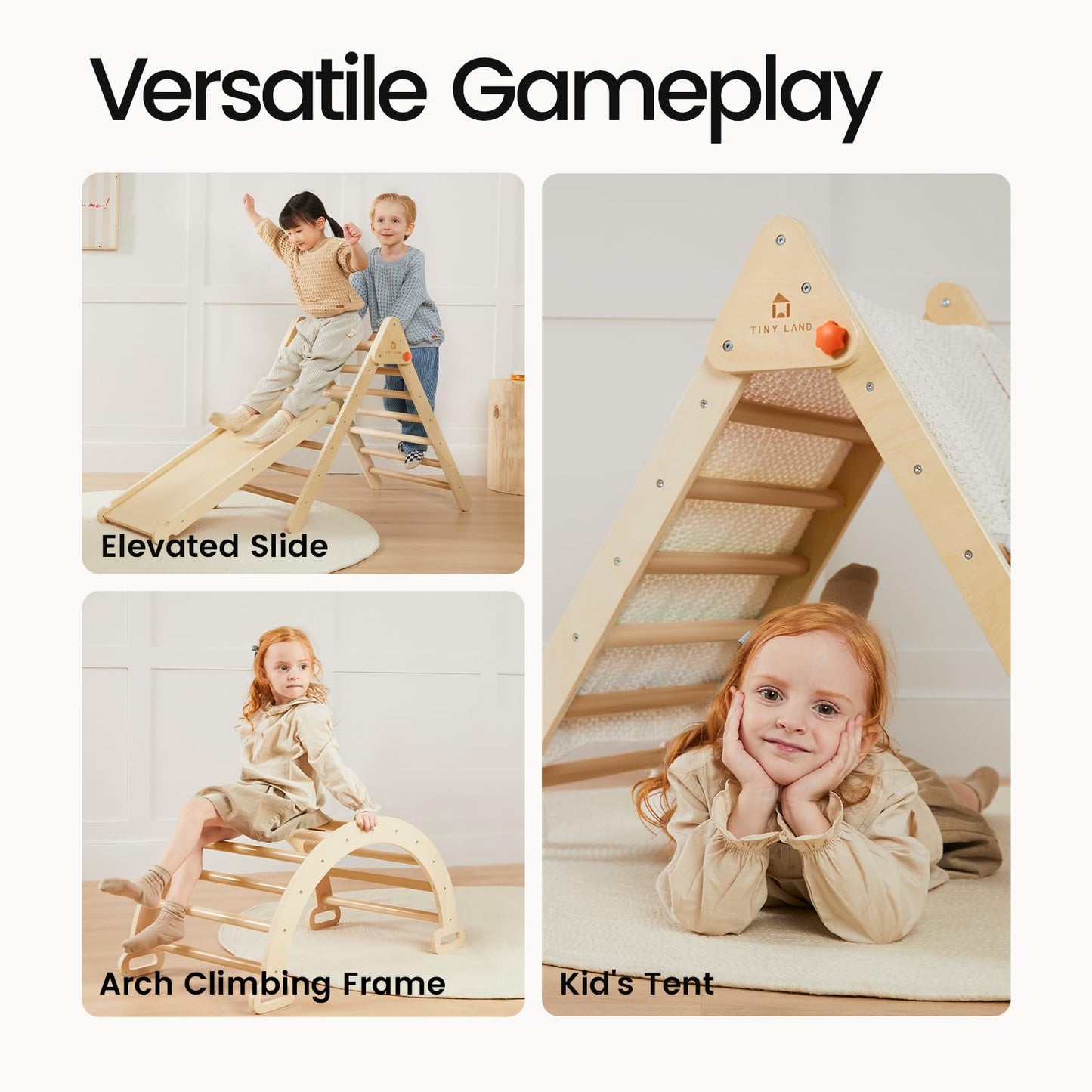 Tiny Land Pikler Triangle Set, 7-in-1 Foldable Pikler Triangle Climbing Toys Set for Kids,Baby Indoor Playground Jungle Gym, Wooden Montessori Climbing Set for Toddler (Natural)
