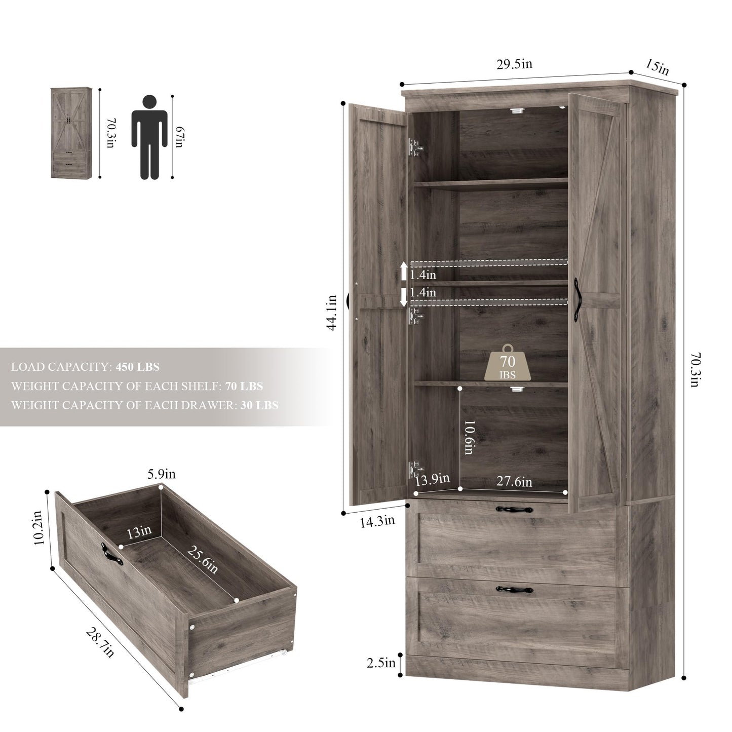 HOSTACK 70" Tall Kitchen Pantry Storage, Barn Doors Pantry Cabinet with Drawers and Adjustable Shelf, Modern Farmhouse Storage Cabinet for Kitchen, Dining Room, Living Room, Bathroom, Ash Grey