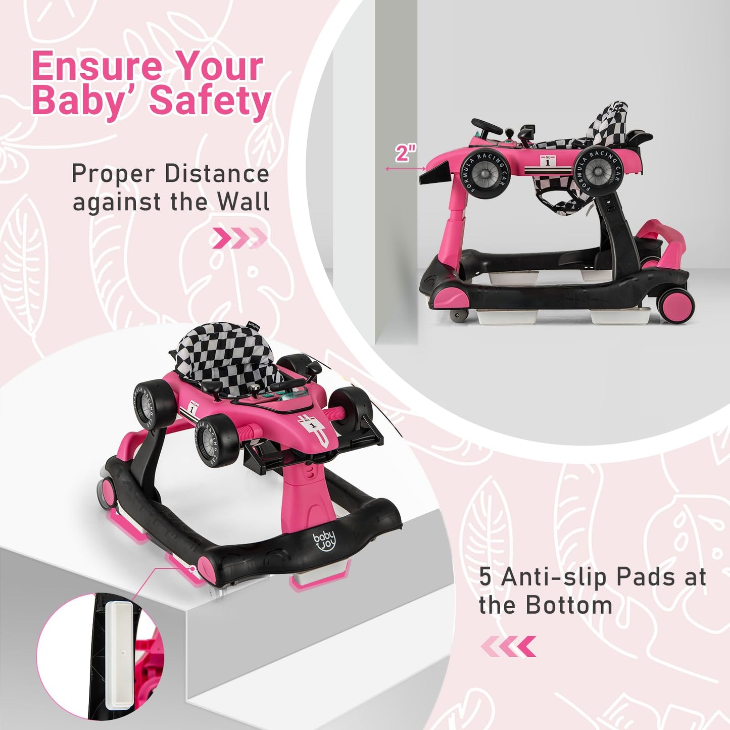 BABY JOY 4-in-1 Baby Walker, Foldable Activity Walker with Adjustable Height & Speed, Music, Lights, Anti-Rollover, Toddler Push Walker, Baby Walker with Wheels for Boys Girls 6-18 Months (Pink)