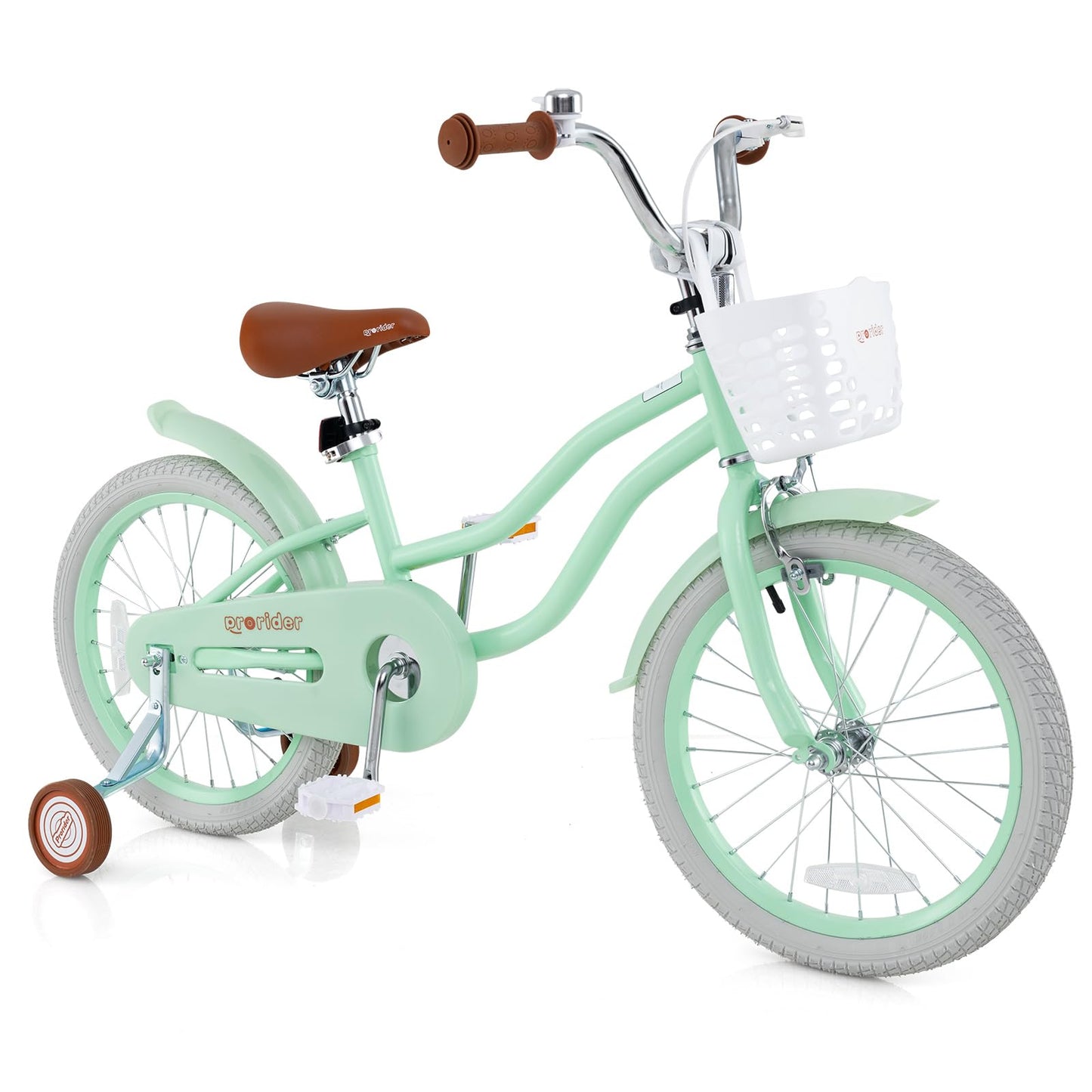 BABY JOY Kids Bike, 18 Inch Boys Girls Bike for 4-8 Years Old w/Training Wheels, Adjustable Seat, Removable Basket, Handbrake & Coaster Brake, Kids Bicycle (Mint Green)
