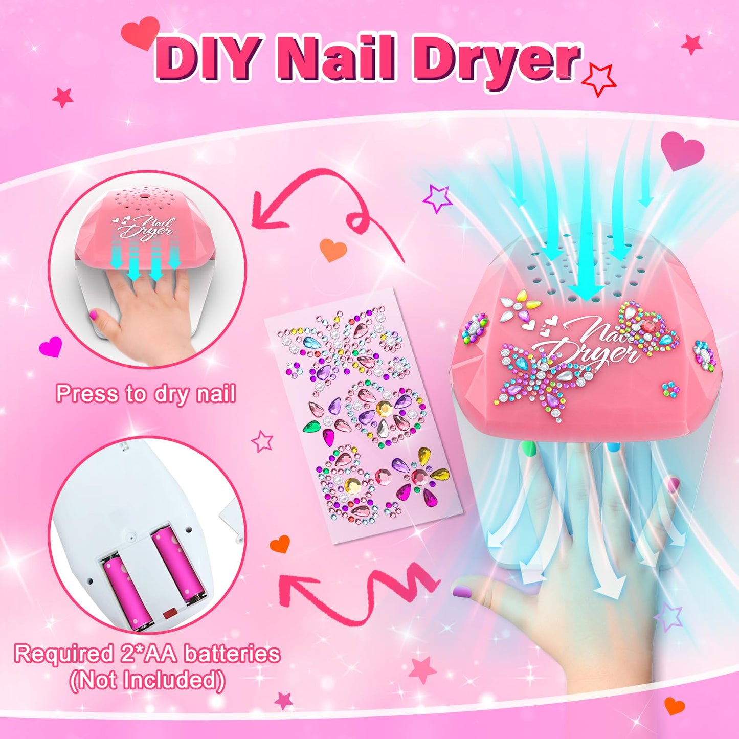 Glisiol Kids Nail Polish Set for Girls Toys, Washable Quick-Dry Toddler Nail Art Kit with Air Cooling Dryer and Cosmetic Case, Christmas or Birthday Gifts for Girls Ages 3 4 5 6 7 9 10 11 12-Pink