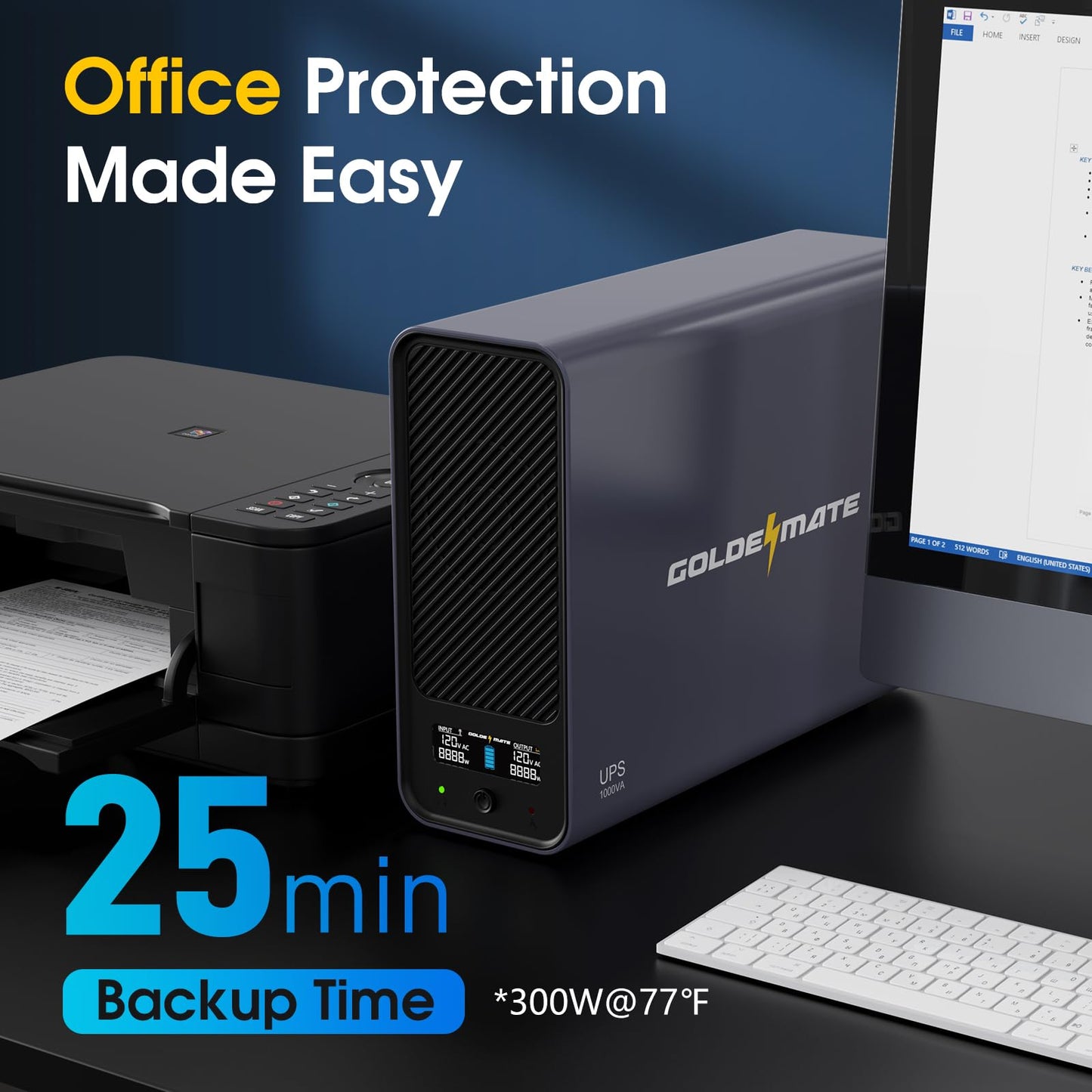 GOLDENMATE 1000VA/600W Lithium UPS Battery Backup and Surge Protector, Sinewave UPS System with LiFePO4 Battery(153.6 Wh), Updated Pro Ver. with USB Communication Port, 8 Outlets, LCD Display, Gray