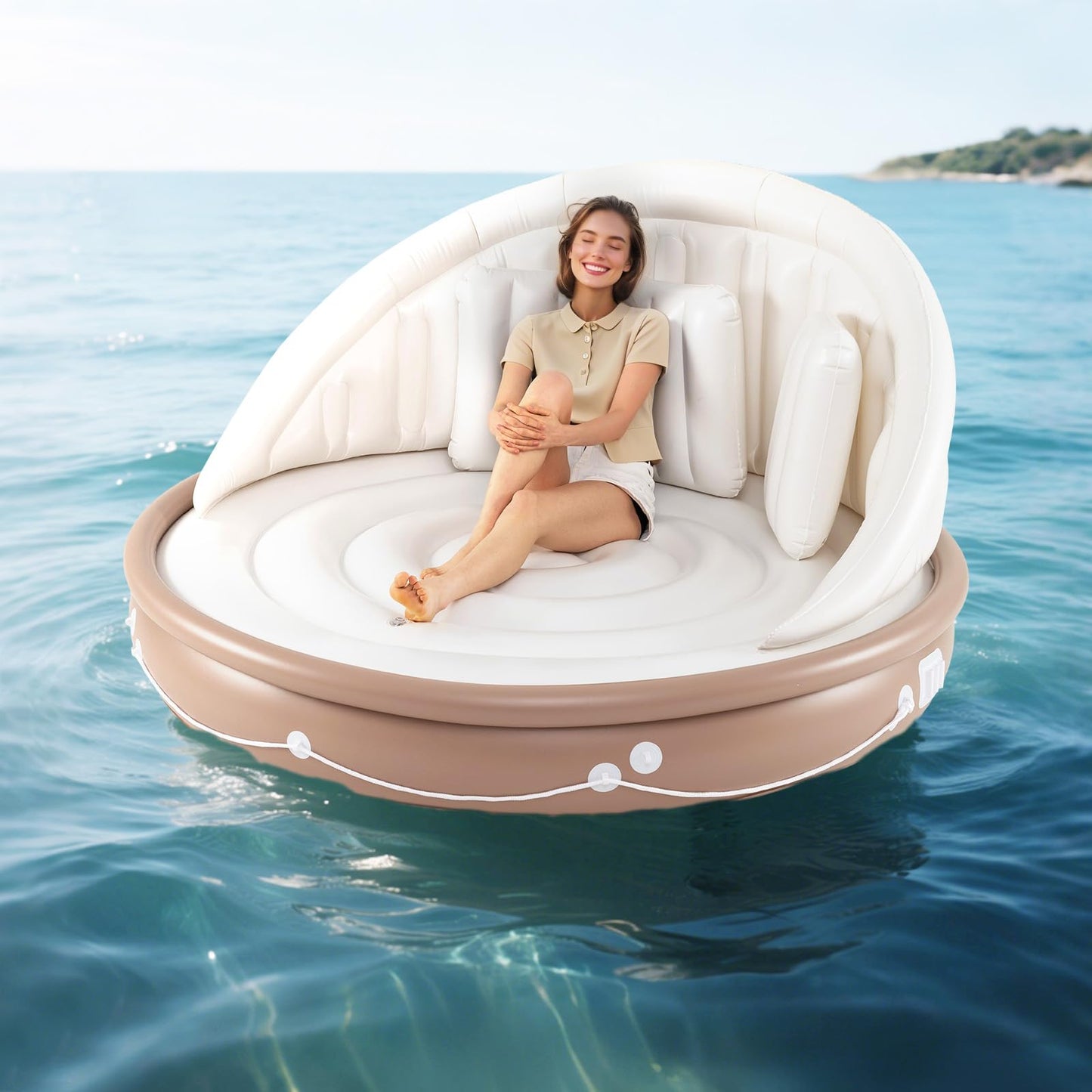 SPORFIT Tanning Pool Lounger with Canopy, 73" Inflatable Floating Island 2 Person w/UPF 50 Detachable Sunshade, Comfy Backrest & 3 Pillows, 440LBS Max Load, Pool Floats Adult for Lake Beach Backyard