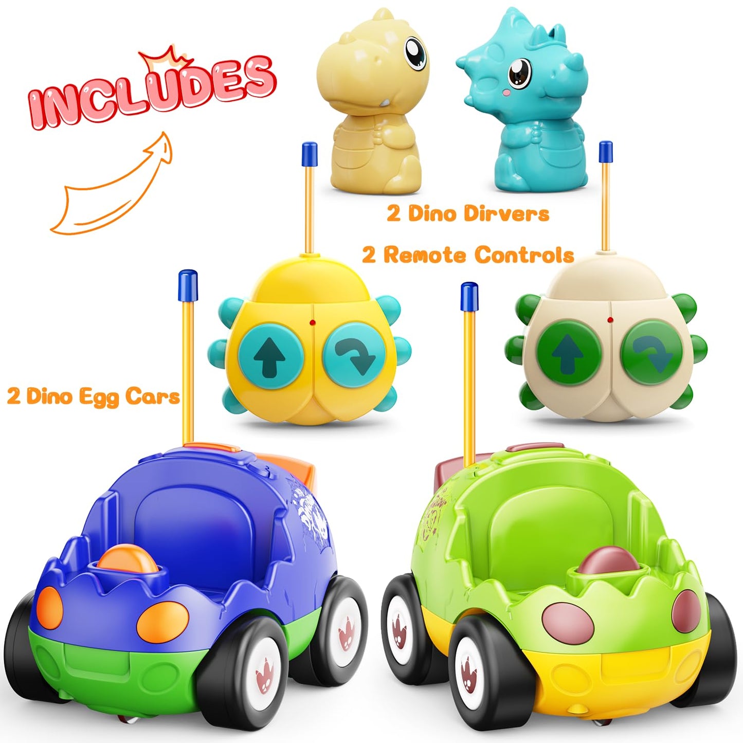 Kidz do 2 Pack Dinosaur Toys Remote Control Cars for Toddlers Ages 2 3 4 5, Christmas Birthday Gifts for 2-5 Year Old Boys, Dinosaur RC Car Toys with Music and Lights (Green Blue)