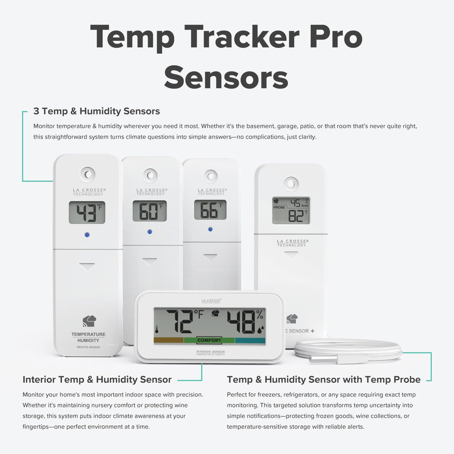 Temp Tracker Pro Wi-Fi Alert System: Bridge Gateway, 3 in/Out Temp. and Humidity, a Temperature Probe with Ambient Temp. and Humidity, Interior Temp. and Humidity Display with Comfort Meter