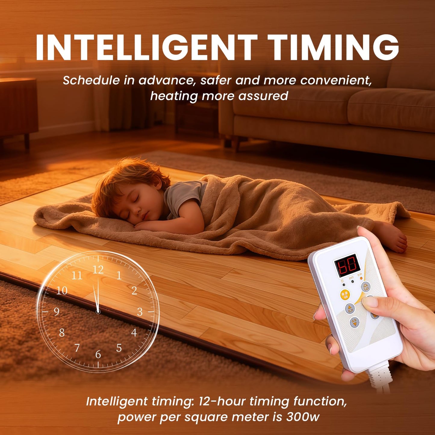 Heated Rug Mats, Heated Floor Carpet, Electric Heated Pad with Adjustable Temperature 12 Hour Timer, Radiant Floor Heater, for Yoga/Indoor/Under Desk (39x59 Inch/100x150 cm)