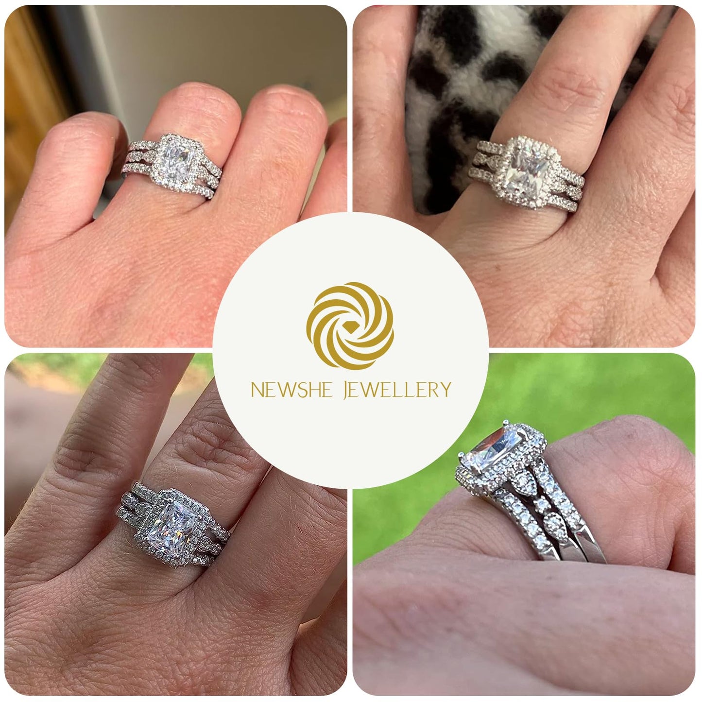 Newshe Jewellery Moissanite Wedding Sets for Women 925 Sterling Silver Engagement Rings Set Radiant Bridal Band Enhancer Size 5.5