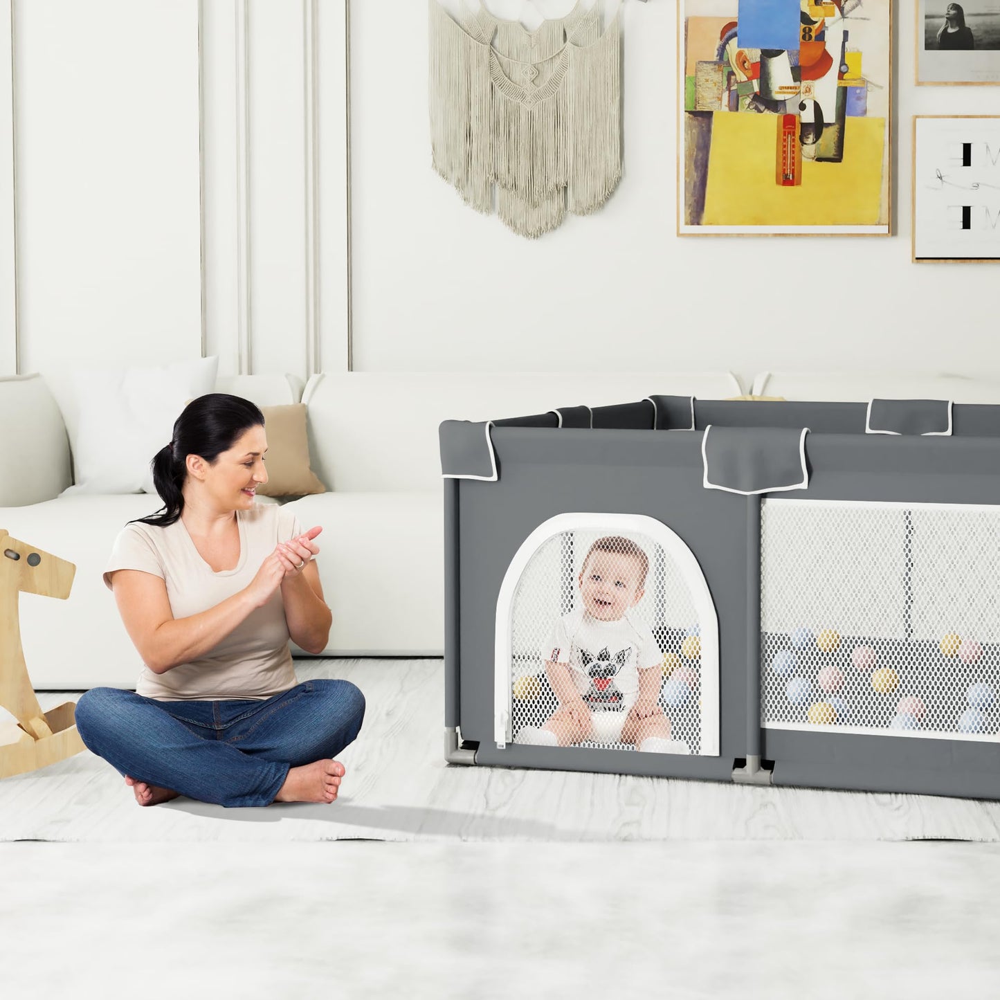 Grobeybees Baby Playpen with Mat, Playpen for Babies and Toddlers, Large Baby Play Pen with Pad, Playard with Bag, Indoor & Outdoor Play Pen, Sturdy Safety Play Yard with Soft Breathable Mesh (Grey)
