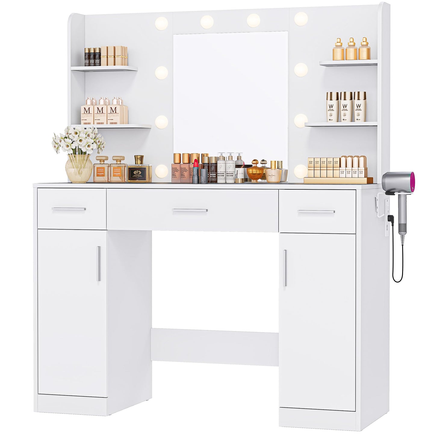 DUMOS Vanity Desk Makeup with Mirror LED Lights, White Table with Power Outlet 3 Drawer, 4 Storage Shelves & 2 Cabinets, 3 Lighting Modes & Adjustable Brightness, Dressing Tables for Bedroom