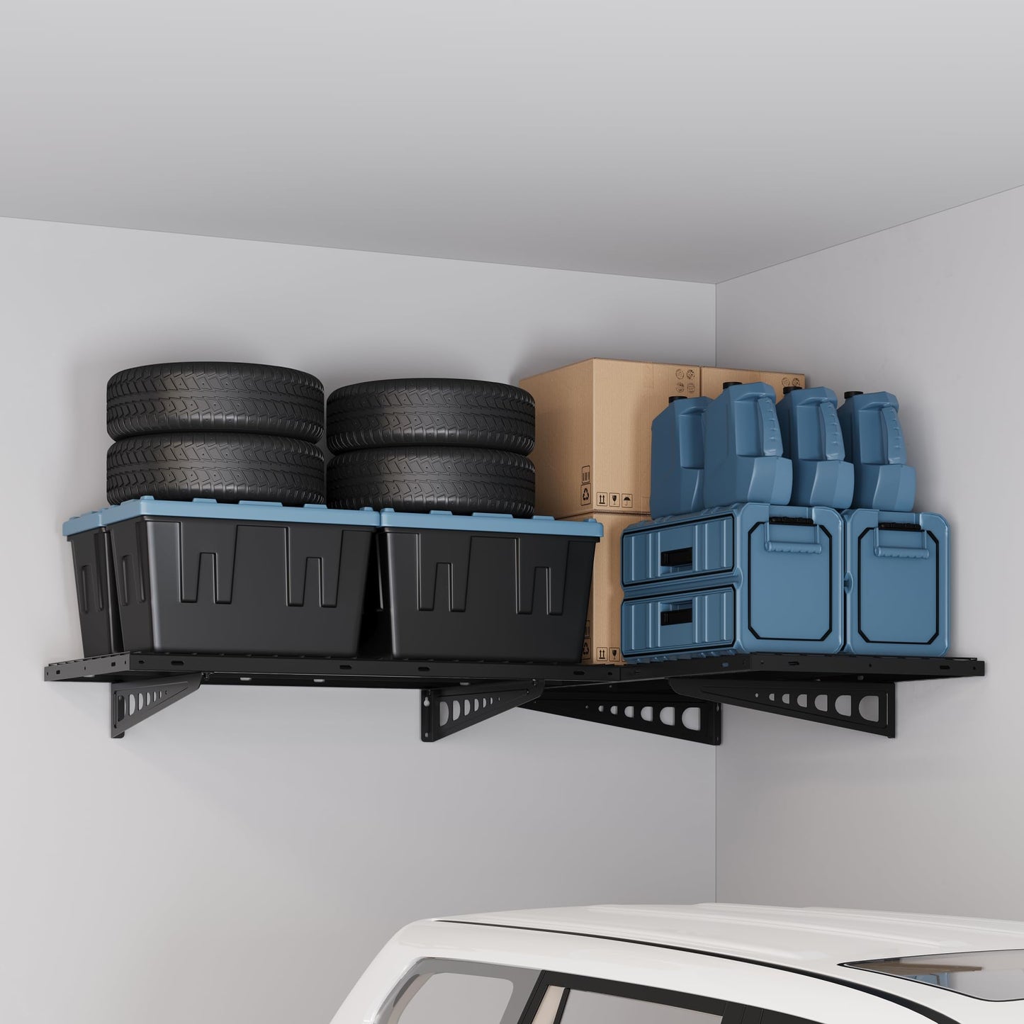 FLEXIMOUNTS 3x6 Overhead Garage Storage Rack, plus 2-Pack 2x4ft Corner Wall Mounted Floating Shelves, 450lbs+440lbs Capacity, Heavy-Duty Garage Organizer, Black