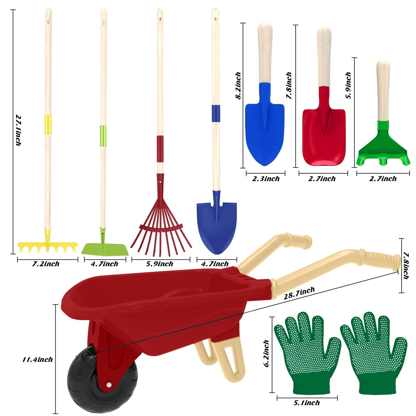 Qtioucp Kids Gardening Tools Outdoor Toys Set Backyard Play with Wheelbarrow Educational STEM Learning Pretend Toys Outdoor Indoor for Toddlers Kids Boys Girls (Red Wheelbarrow Set)
