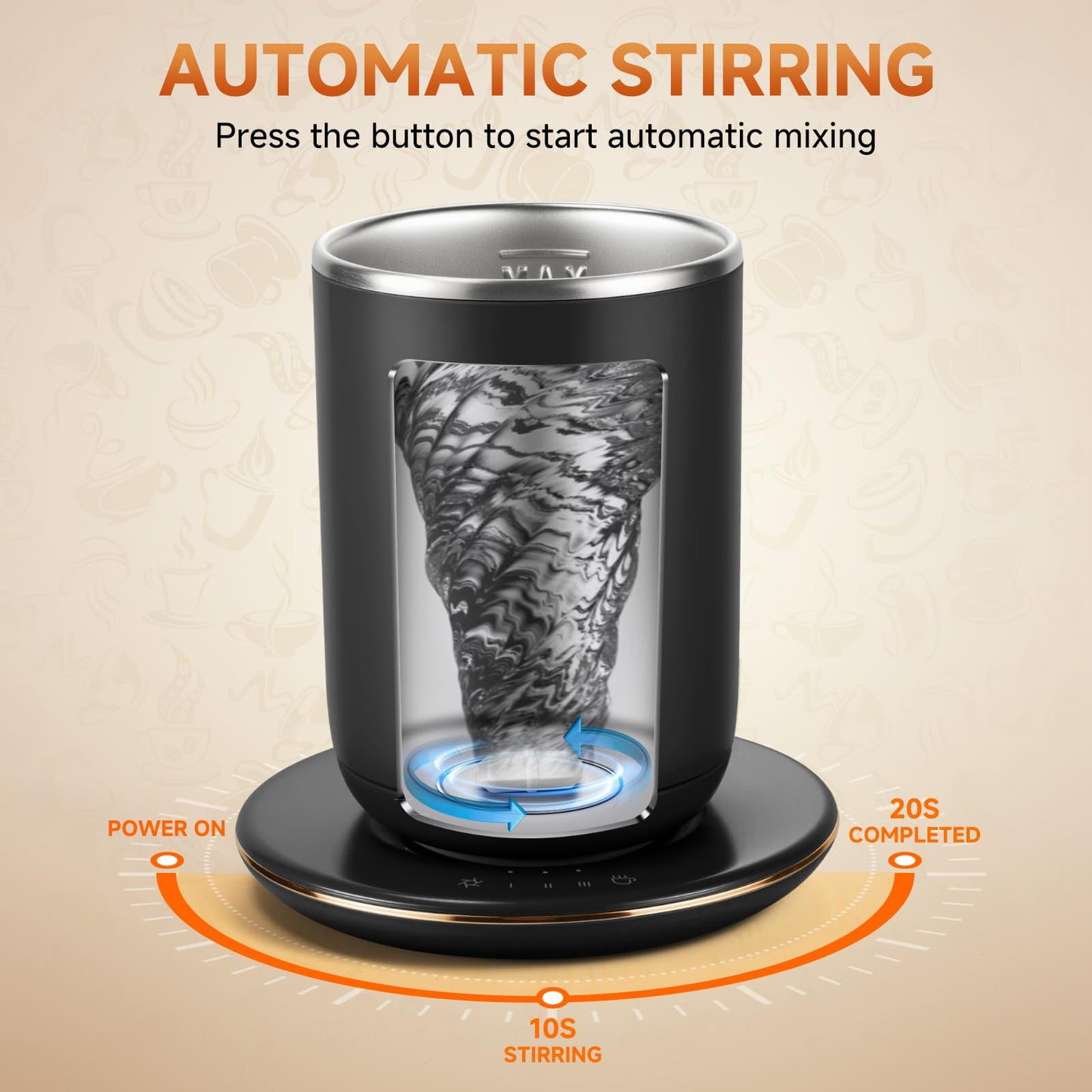 Temperature Control Self Stirring Coffee Mug with Lid, Automatic Heated Coffee Milk Cocoa Cup, Black 11 oz Smart Stainless Steel Mug Warmer with USB Type-C