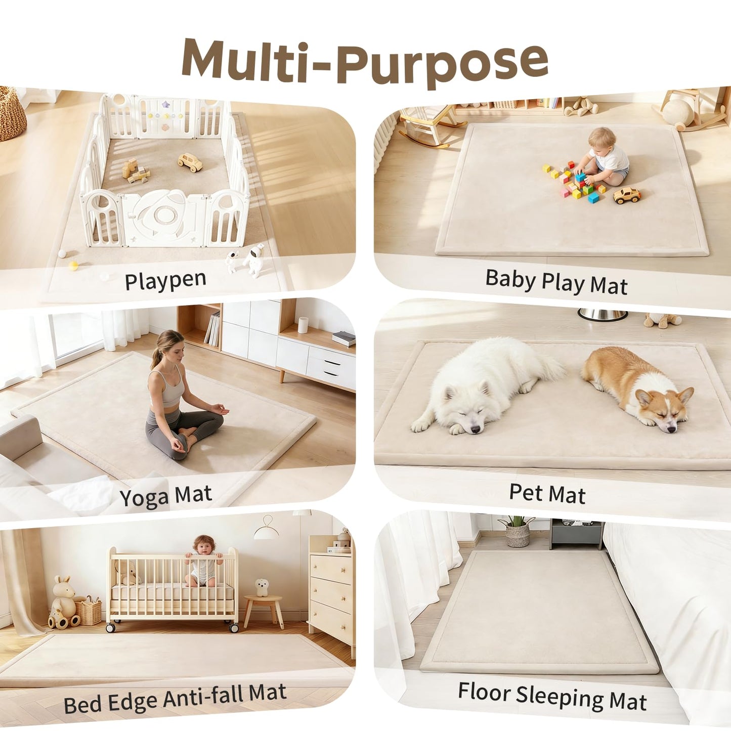 COLLACOCO Baby Play Mat for Floor, 59"x79" Playpen Mat, 1.3" Thick Memory Foam Tummy Time Mat, Soft Coral Velvet Nursery Rug, Easy-Care & Non-Slip Cushioned for Infants, Kids, Toddlers Crawling, Beige