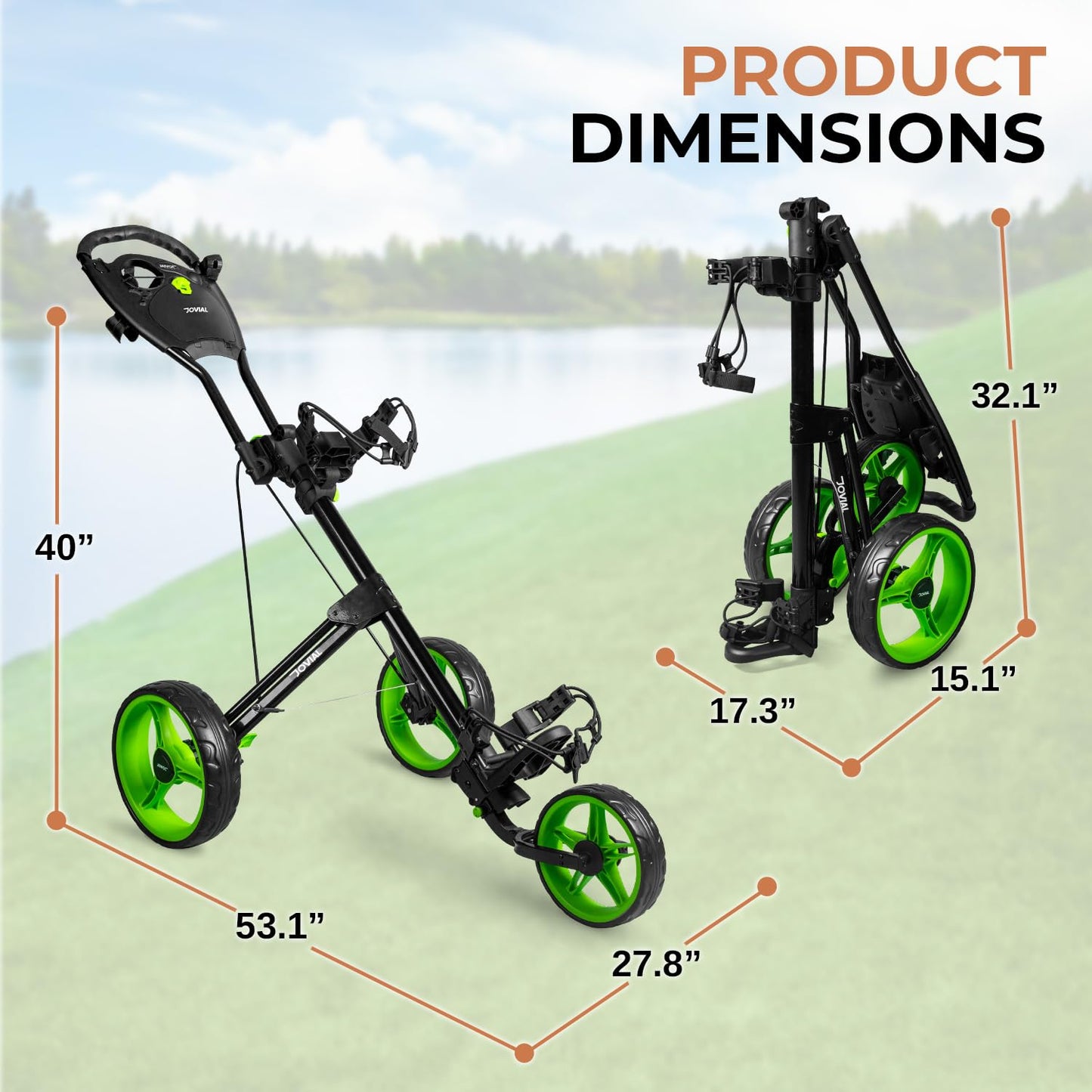 JOVIAL Junior 3-Wheel Golf Push Pull Cart – Lightweight Foldable Aluminum Frame with Deluxe Scorecard Holder, Padded Adjustable Handle, Bag Holder Straps, Quick Braking System & Compact Storage