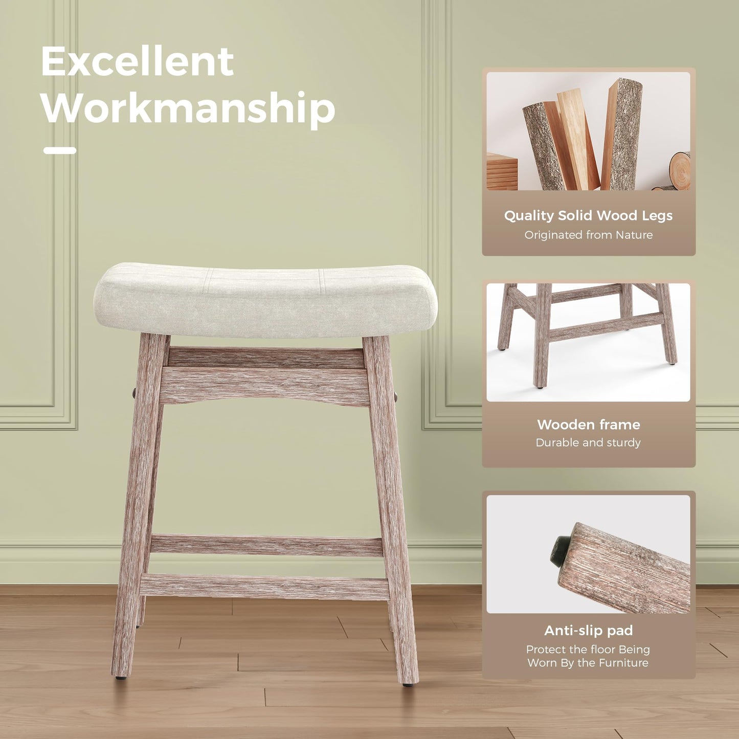 MAISON ARTS Counter Height Bar Stools Set of 4 for Kitchen Counter Solid Wood Legs with Fabric Saddle Seat Farmhouse Barstools for 34"-38" Counter Island Upholstered Stools, 24in, Creamy White