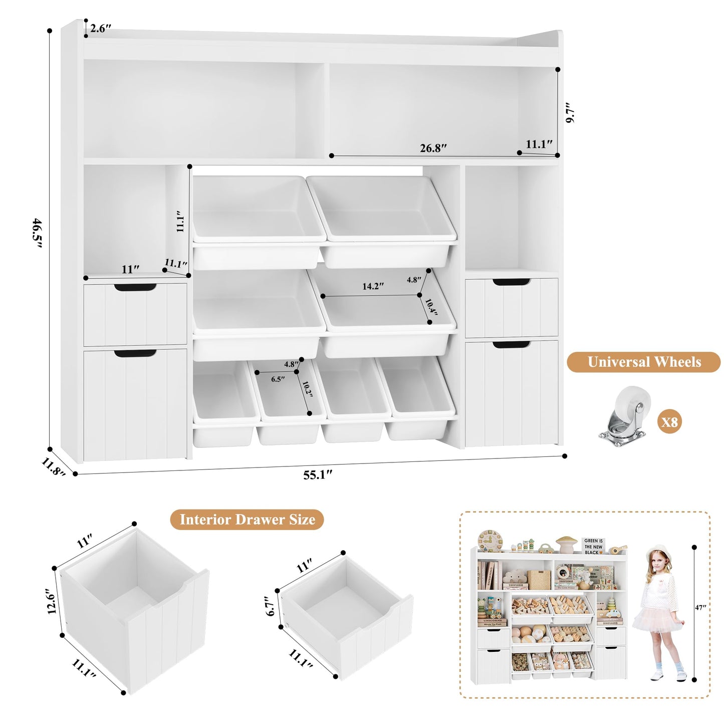 HORSTORS 55" W Toy Storage Organizer with Drawers, Large Kids Toy Storage Box with Removable Bins, Tall Kids Bookshelf and Bookcase for Boys and Girls, Modern Toy Chest for Playroom, Classroom, White