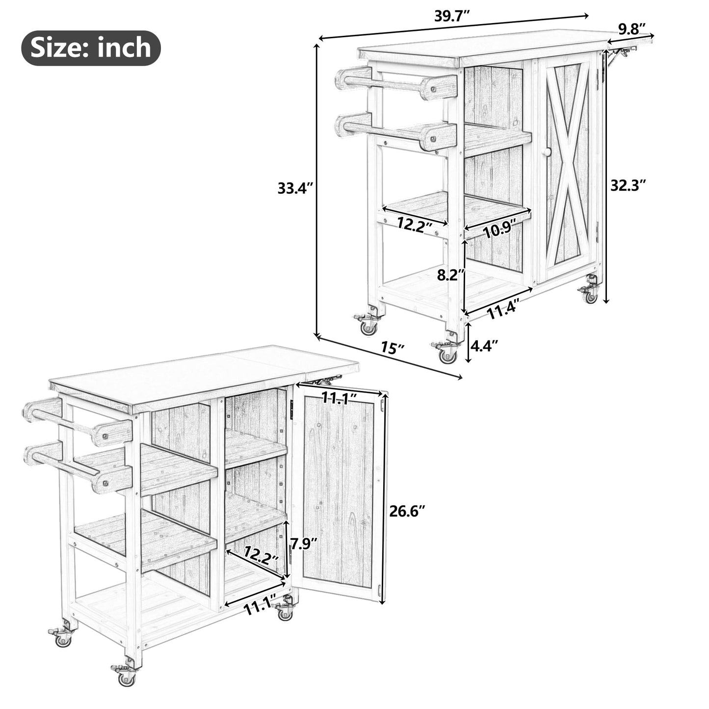 Casaphoria Outdoor Grill Cart with Folding Stainless Steel Tabletop,40" x 15" Rolling BBQ Prep Station & Kitchen Island, Wood Garden Table with Storage Cabinet and Towel Rack,White