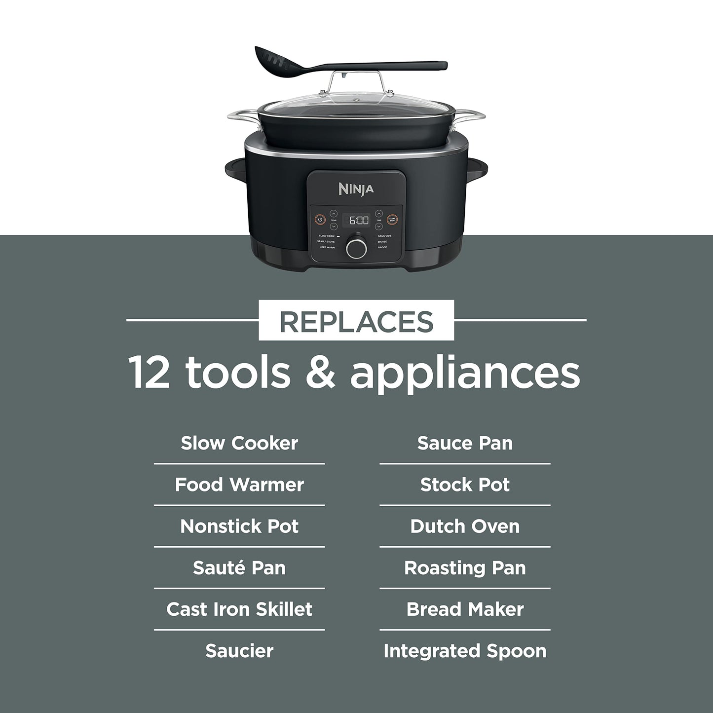 Ninja® 12-in-1 PossibleCooker™ PLUS | 8.5-qt - Sous Vide & Proof Multi-Cooker | Slow Cooker, Dutch Oven & More | Glass Lid & Integrated Spoon | Nonstick | Oven Safe Pot to 500°F | Black | MC1010