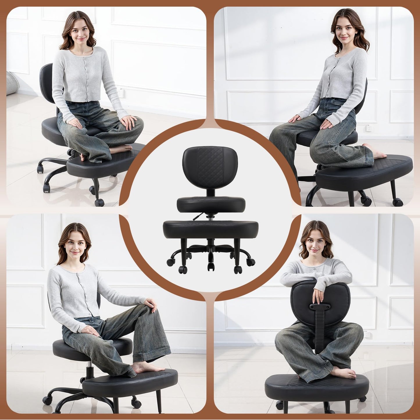 Avocahom Ergonomic Cross Legged Office Chair with Wheels, Criss Cross Desk Chair with Leg Rest, Meditation Chair Yoga Kneeling Chair, Adjustable ADHD Chair Black